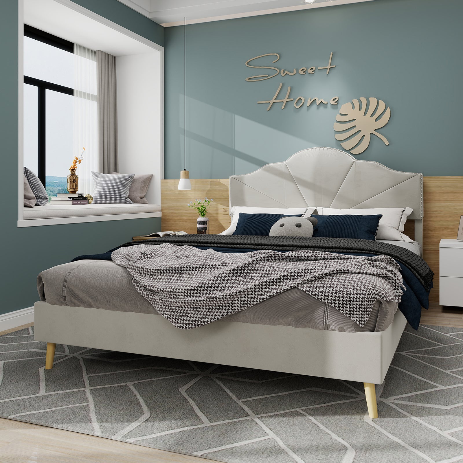 Modern Minimalist Soft Bed, Comfortable Headboard, 160x200CM, Beige