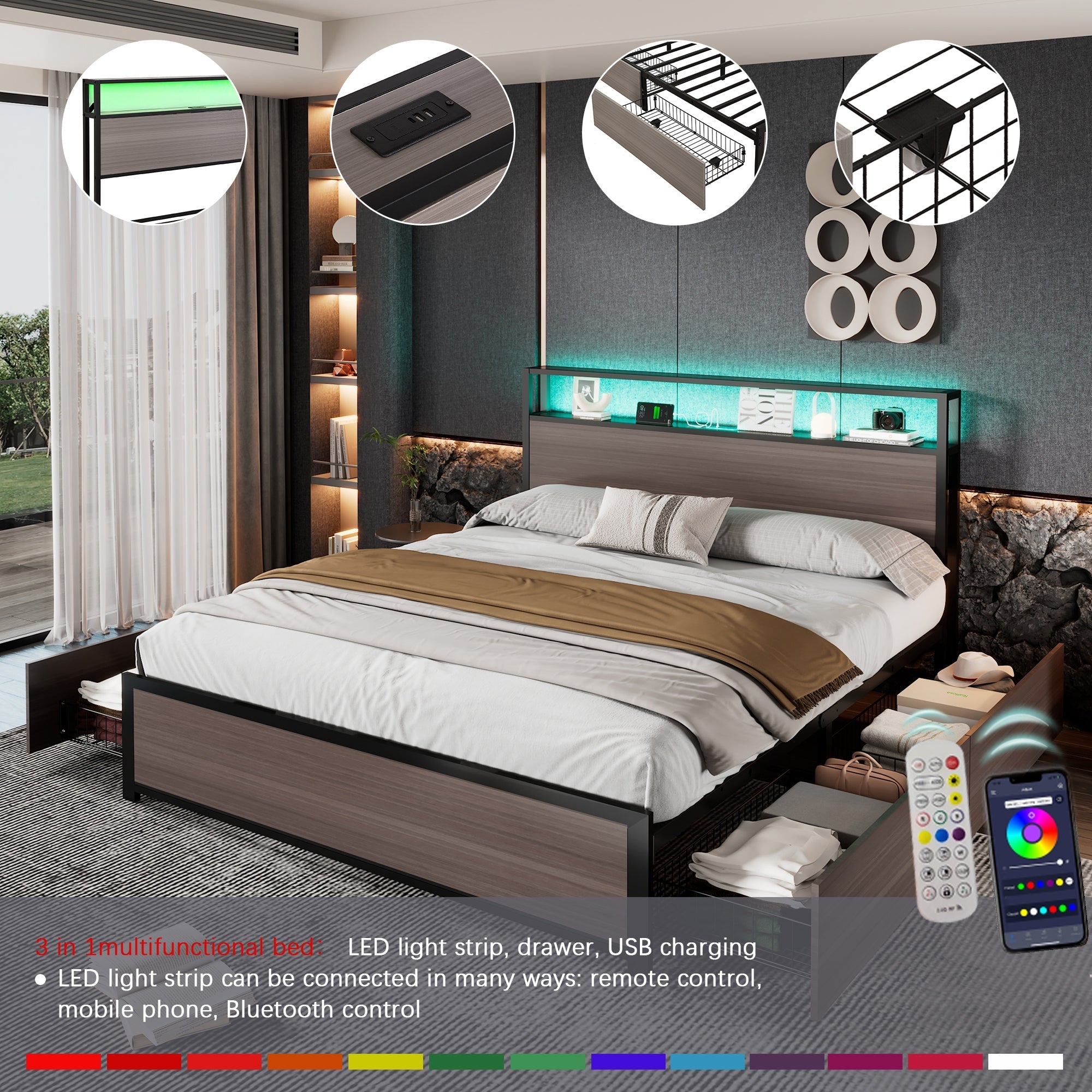 Metal Bed, 4ft6 Double with LED Lights, 4 Drawers, and USB/Type C Ports, Wrought Iron Grey