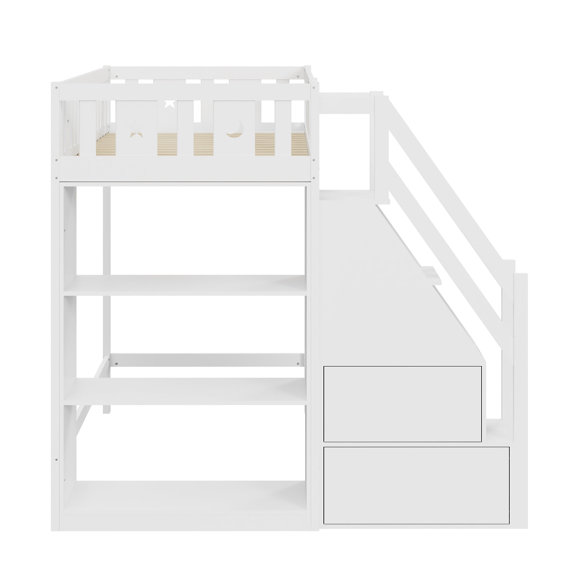 Loft Bed with Storage Ladder & Shelves, Single Wooden, Solid Wood Frame, White
