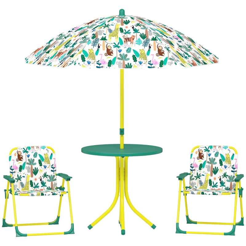 Children's Seating Set 4-piece with Removable Parasol and 2 Folding Chairs Green