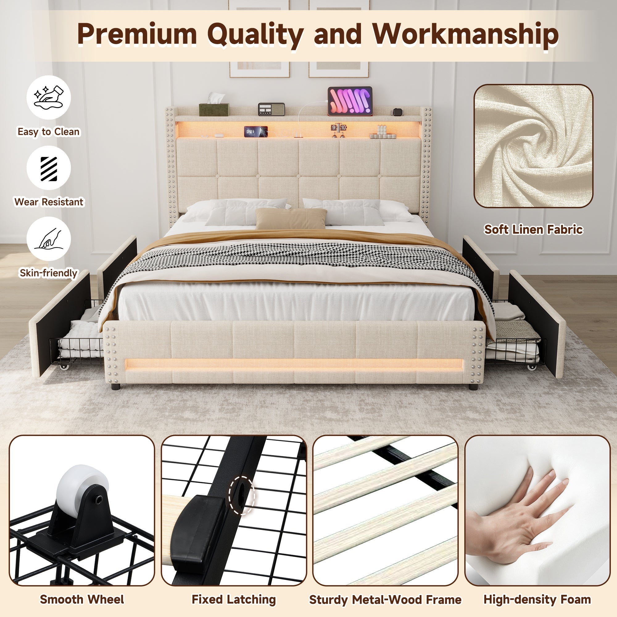 4ft6 Double Upholstered Storage Bed w/ LED, Charging Station, Linen Beige