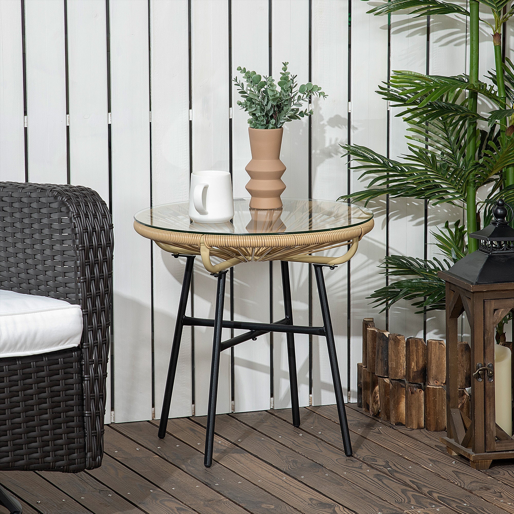 Bistro Table, Round Garden Side Table 50cm, Rattan Black+Beige