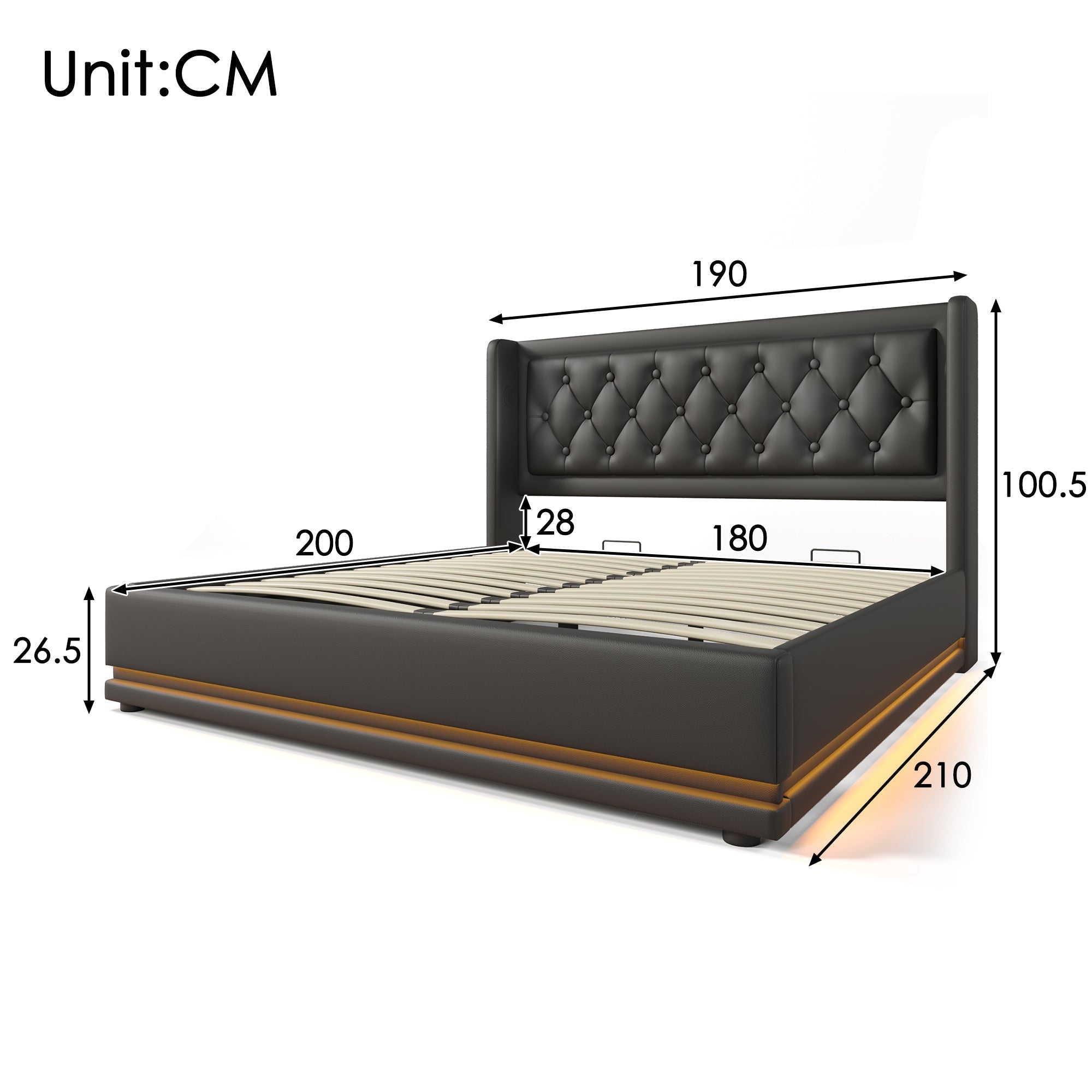 Upholstered Hydraulic Storage Bed with USB Type-C and 3-Sided LED, 180x200cm, Black PU
