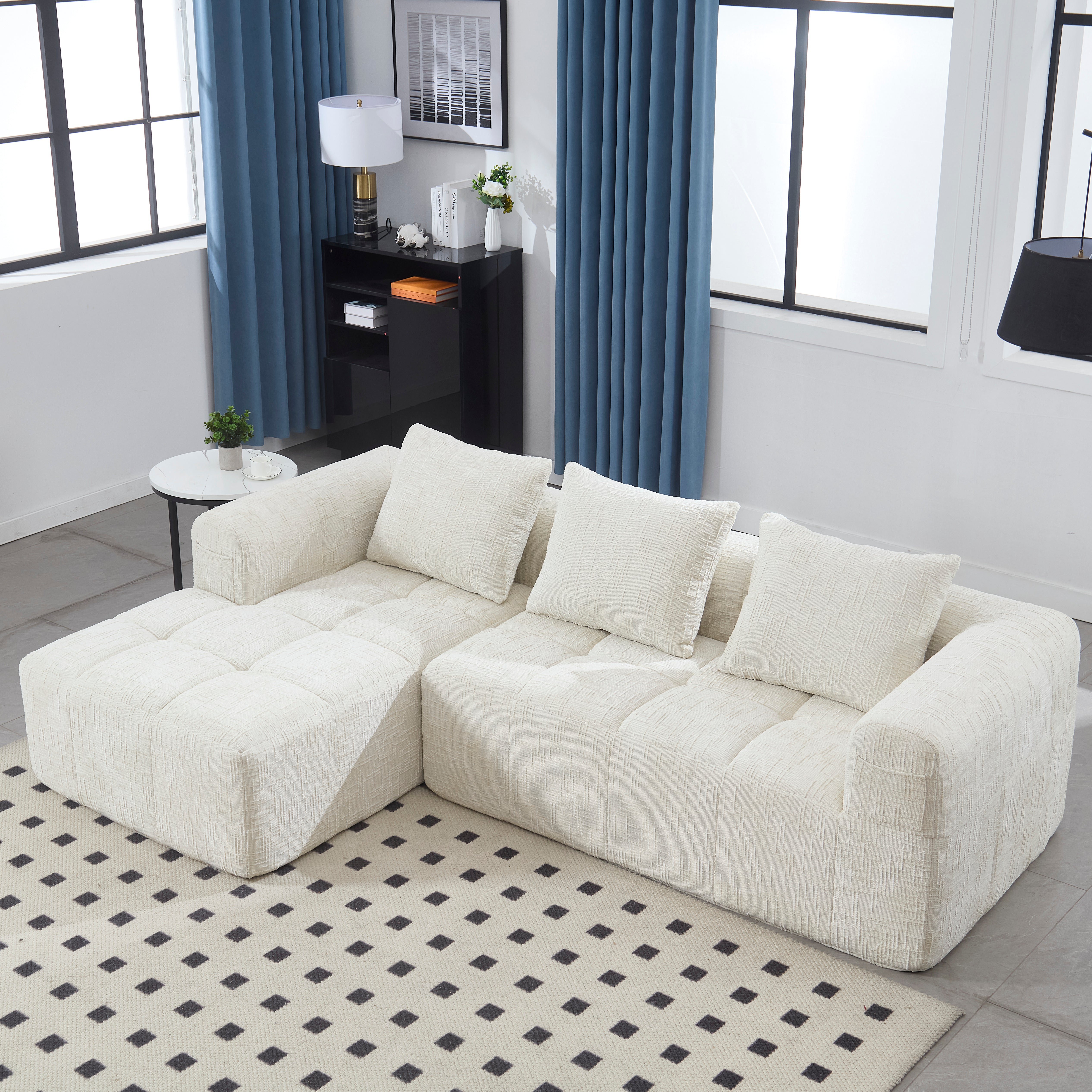 Modern Sectional Sofa, L-Shaped 3-Seater Chaise, No Assembly Chenille Beige