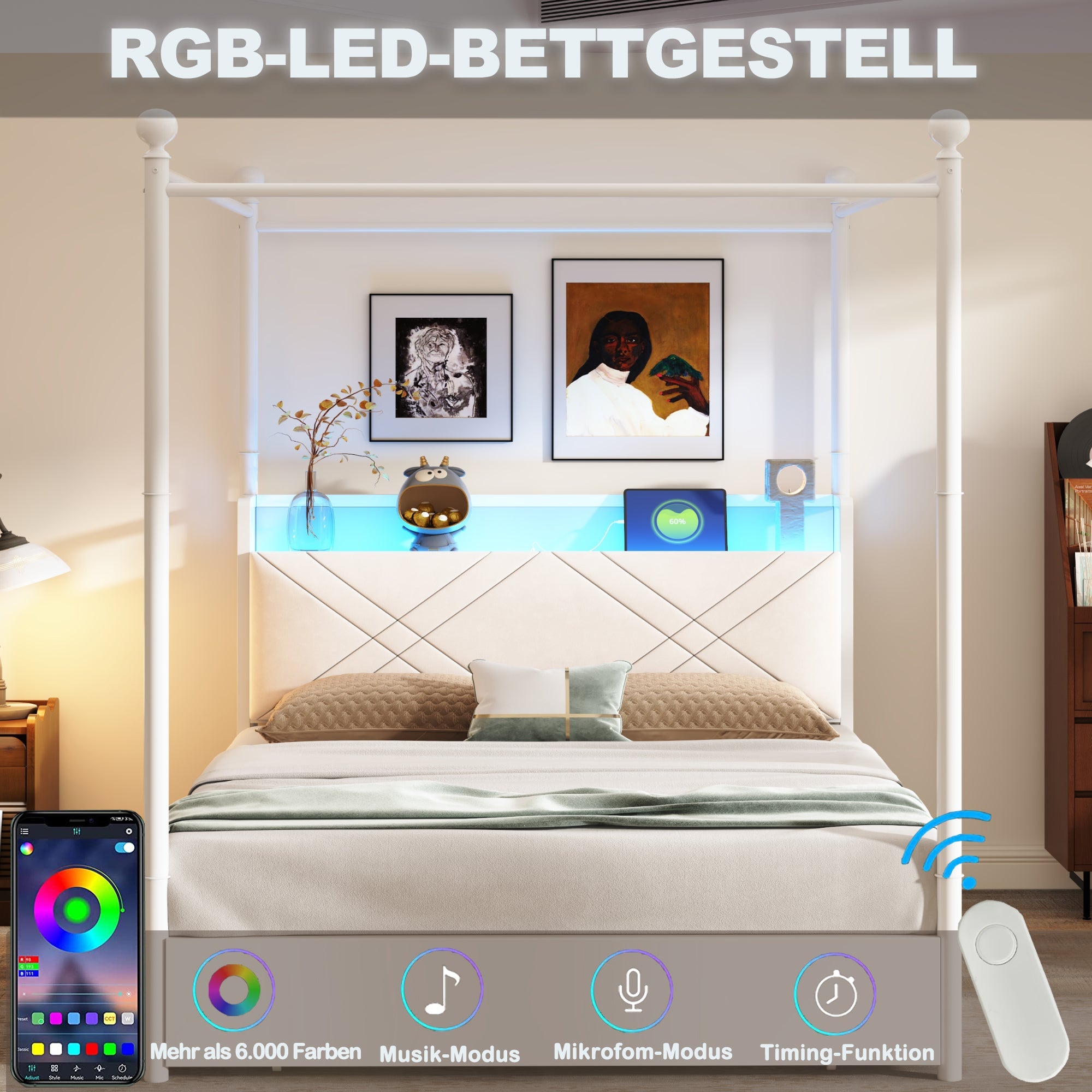 Multifunctional Double Bed with Iron Canopy, LED, USB and 3 Drawers, 140x190cm, White