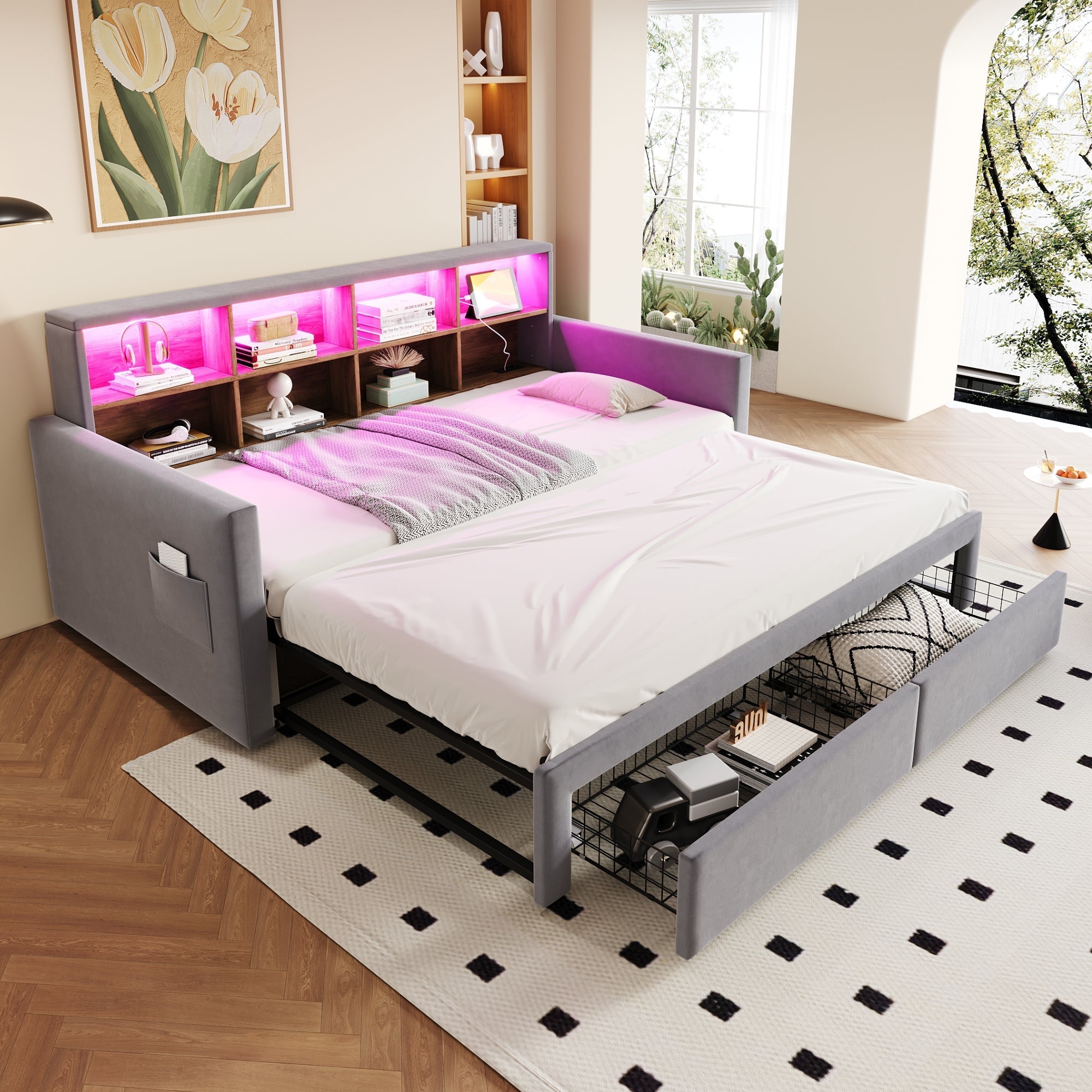 Extendable Upholstered Sofa Bed with LED Headboard, Storage and Charging Ports, Light Grey Velvet