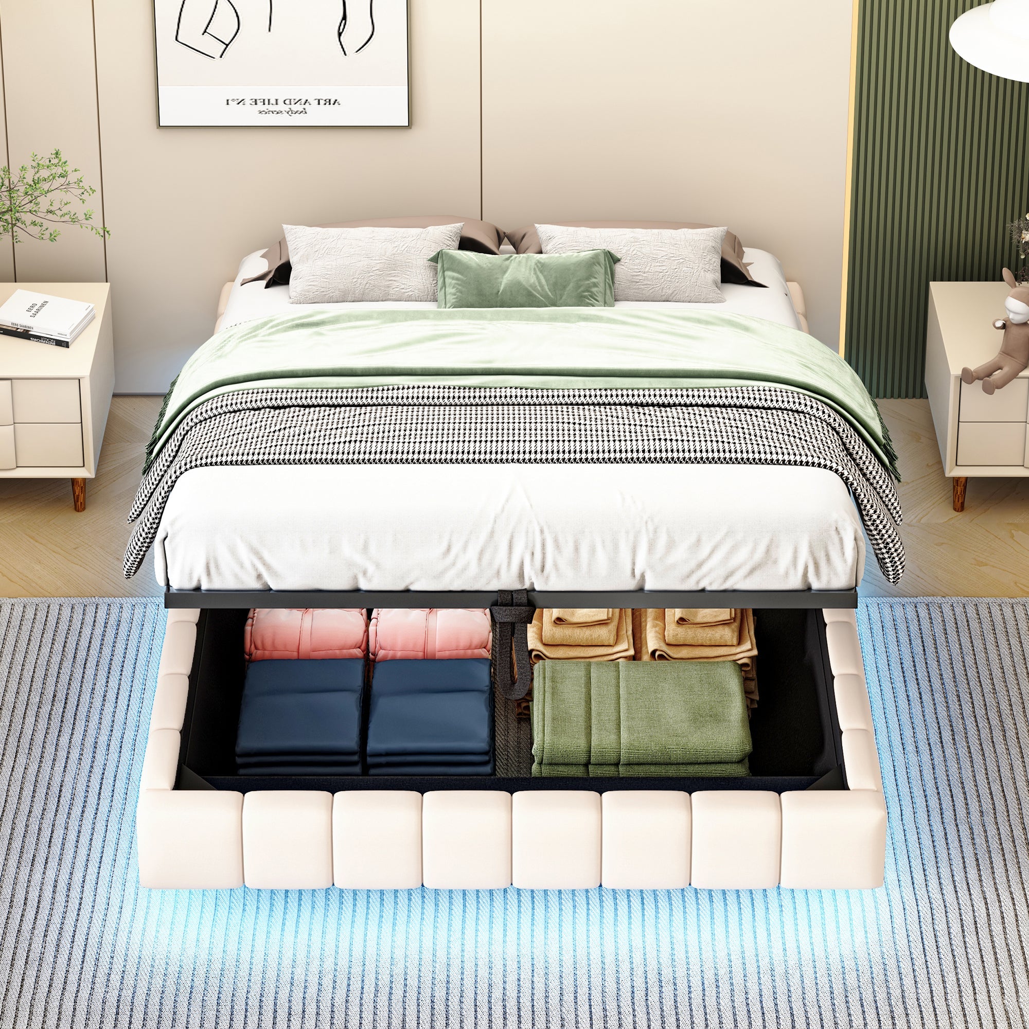 Upholstered Bed 140x200cm Floating Hydraulic Storage LED Light, Linen Beige