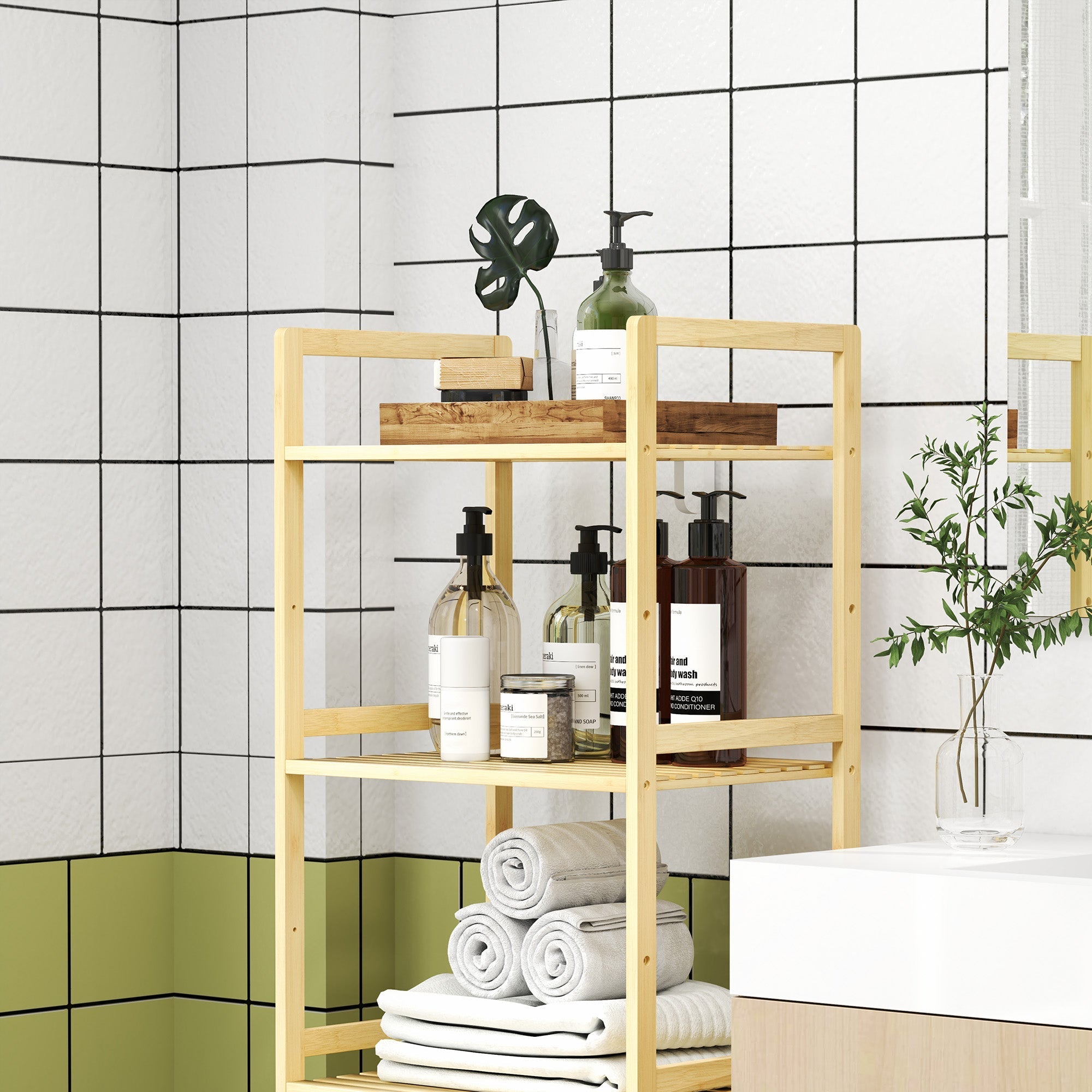 Bathroom Shelf, 5-Tier Storage Rack, Adjustable, Natural Wood