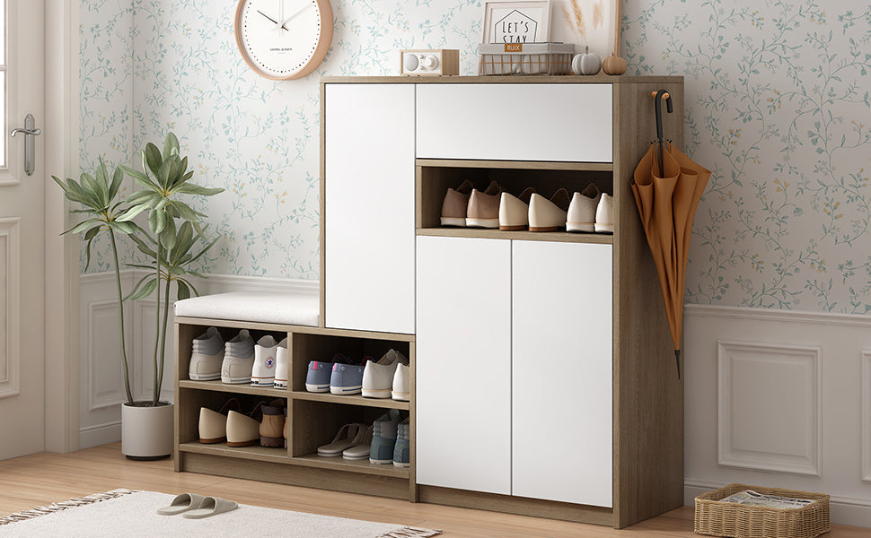 Shoe Storage Bench and Cabinet with Padded Seat, Adjustable Shelves, white