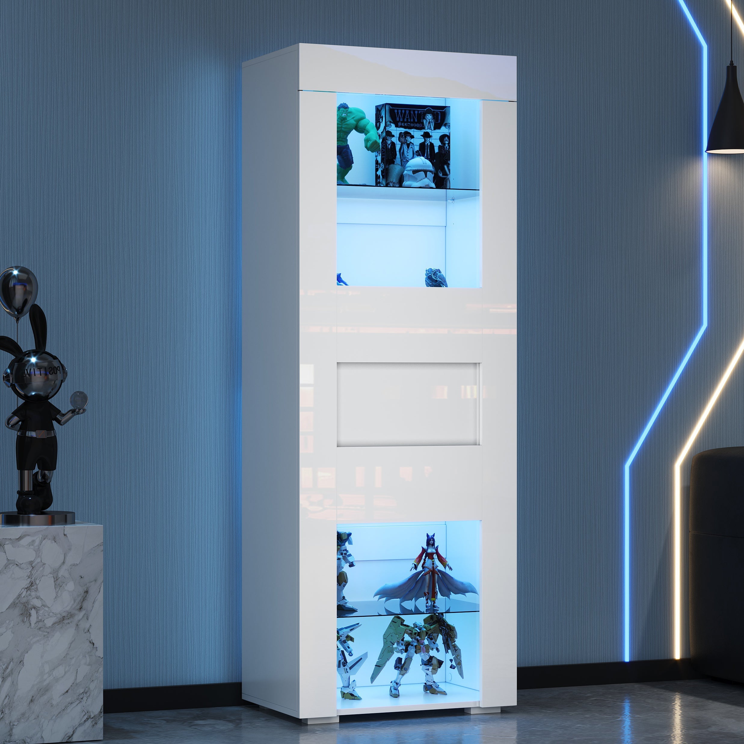 Cabinet High-Gloss Display Storage with LED Lighting, 2 Glass Shelves, White