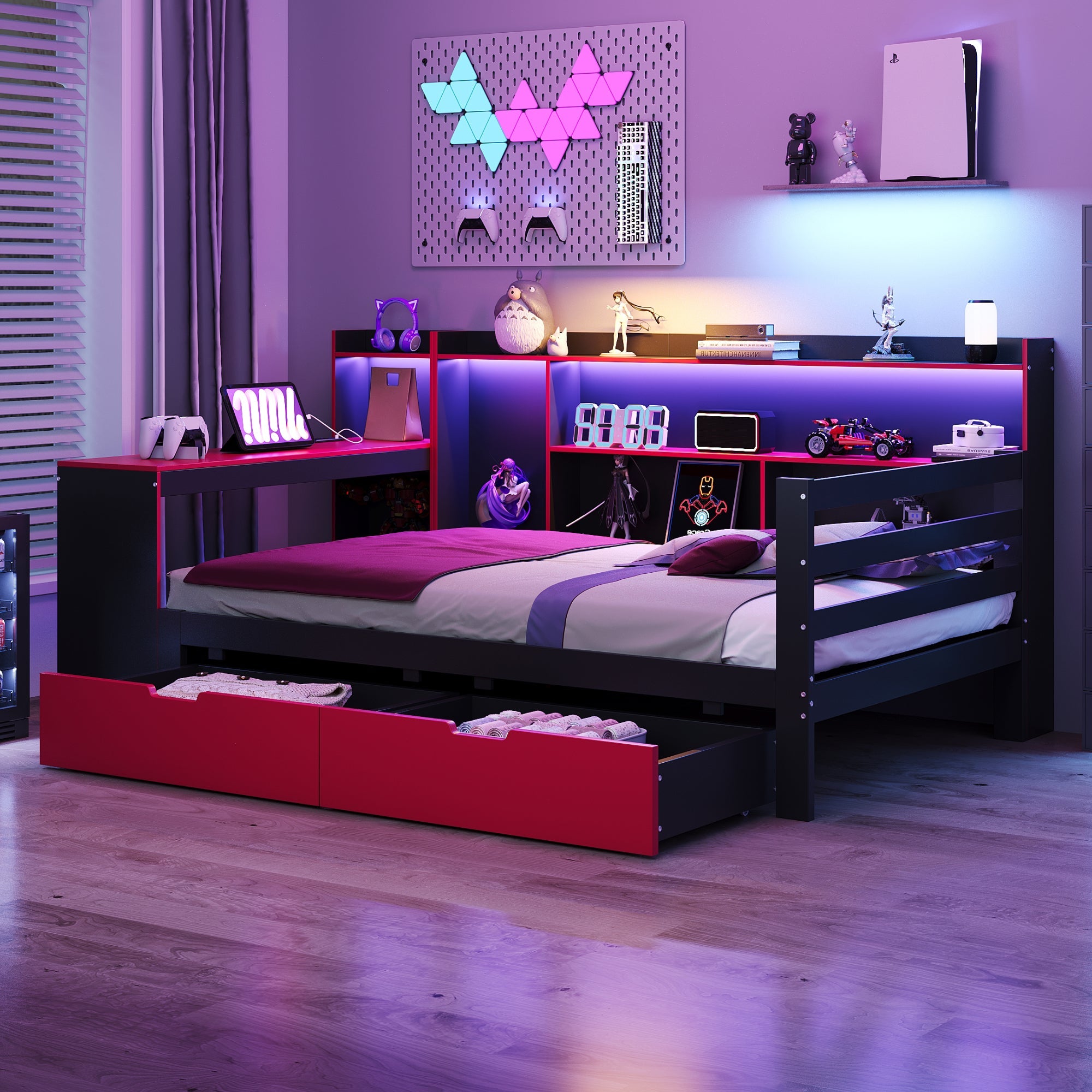 Multifunctional Wooden Sofa Bed with Desk, Bookshelf, Lighting and Sockets, 90x200cm, Black and Red Wood