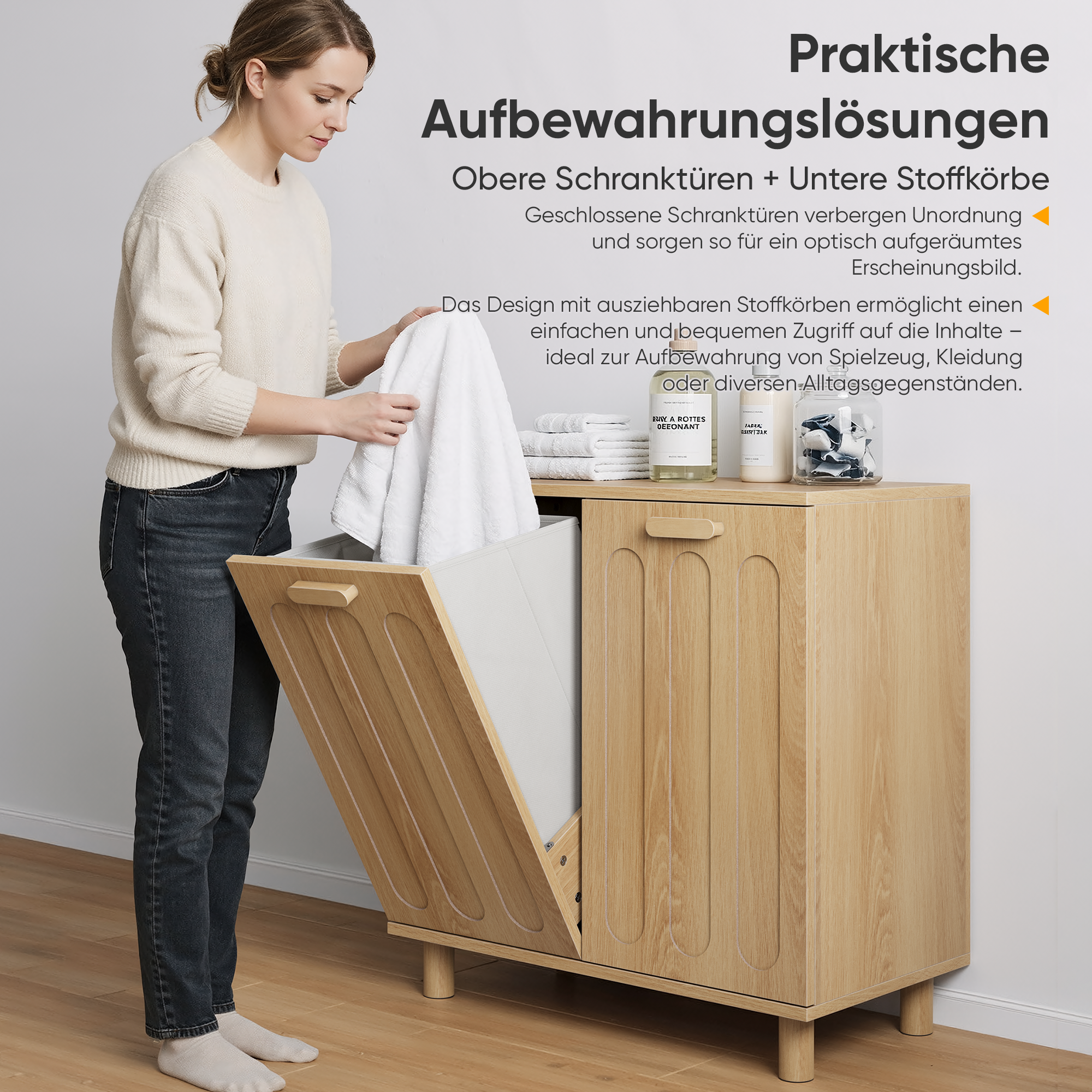Tilting Laundry Basket with Removable Hamper and Freestanding Storage Shelf, Oak Color