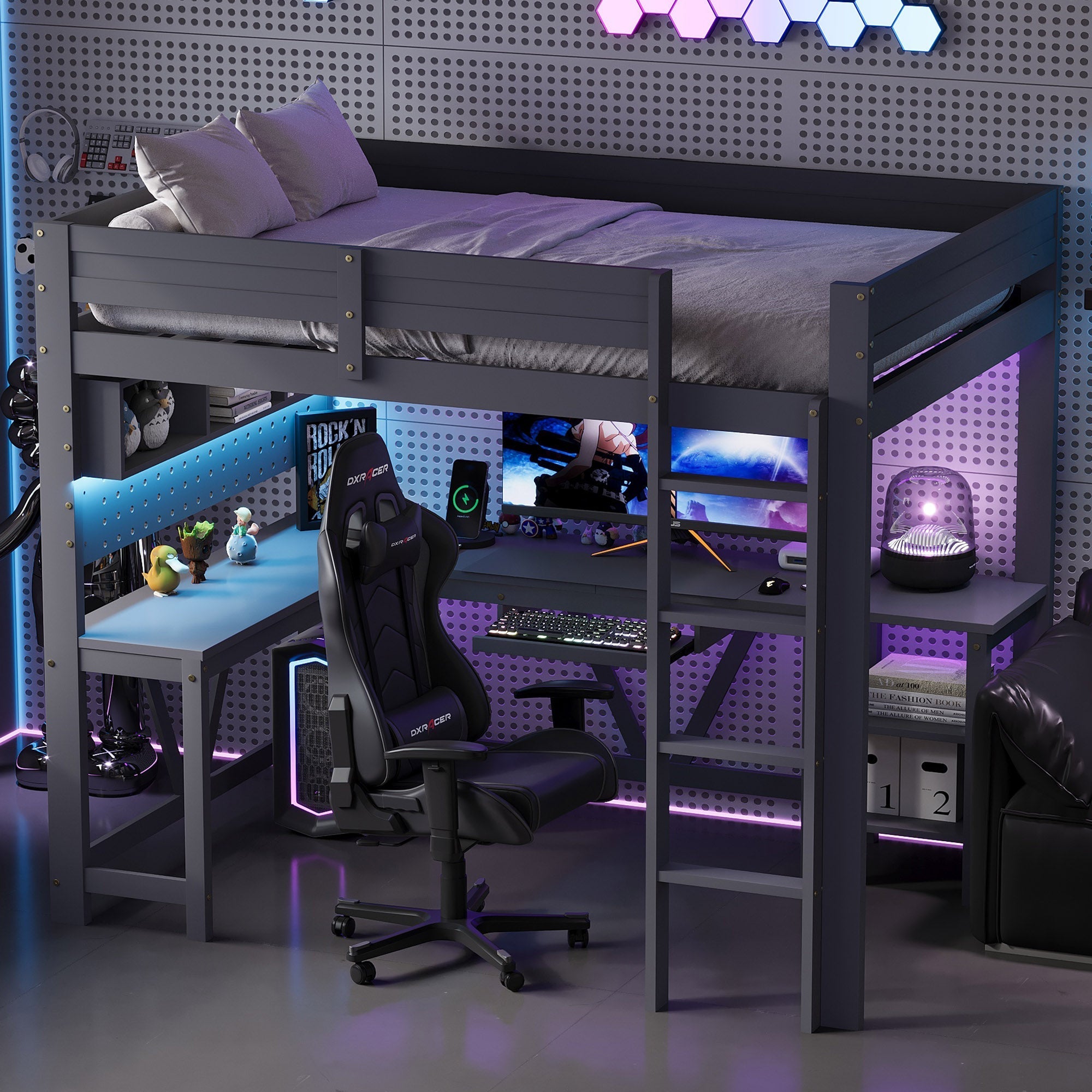 Gaming Loft Bed with Desk, LED Lighting and Charging Station, 90 x 200 cm, Grey Wood