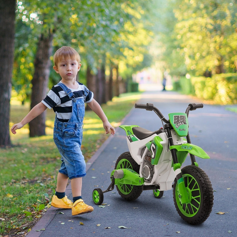 Children's Electric Motorcycle with Training Wheels and 45 Min Driving Time, Green and White
