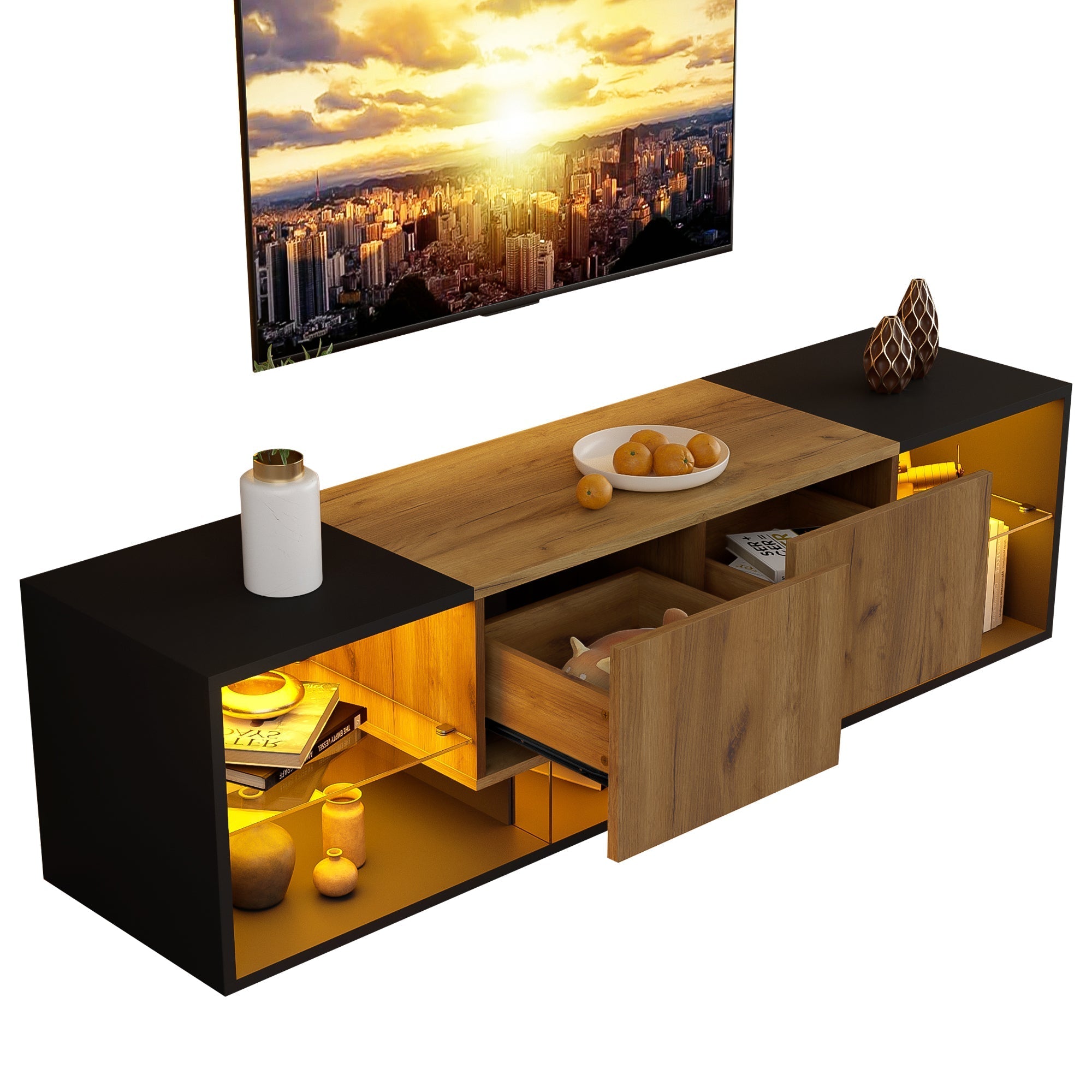 TV Console Cabinet, 3-Tier with Glass Shelf and 2 Drawers, Black