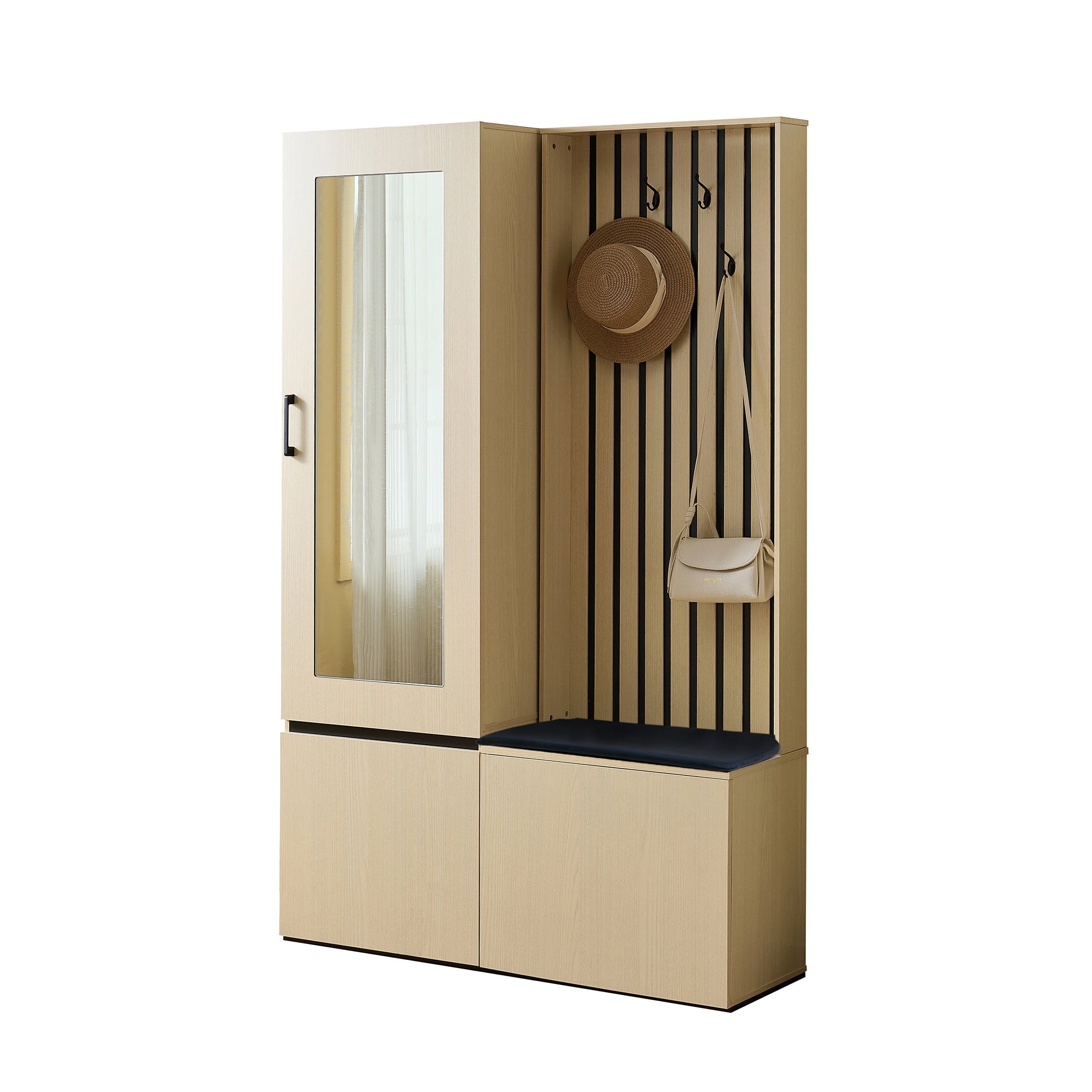 Combined Wardrobe Hallway Set with Mirror, Bench, Shoe Rack, Extendable Clothes Rail