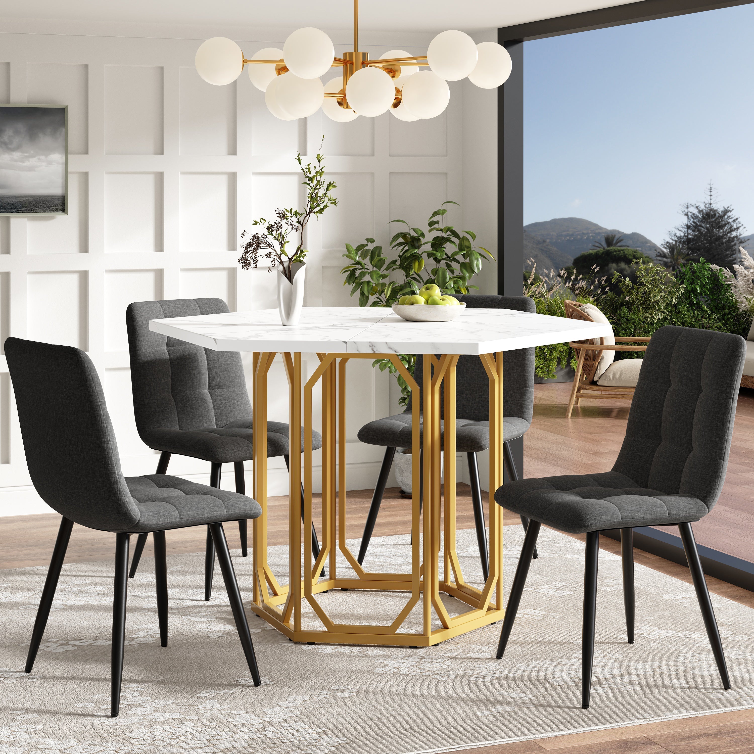 Dining Set 5-Piece Hexagonal Marble Top - Grey