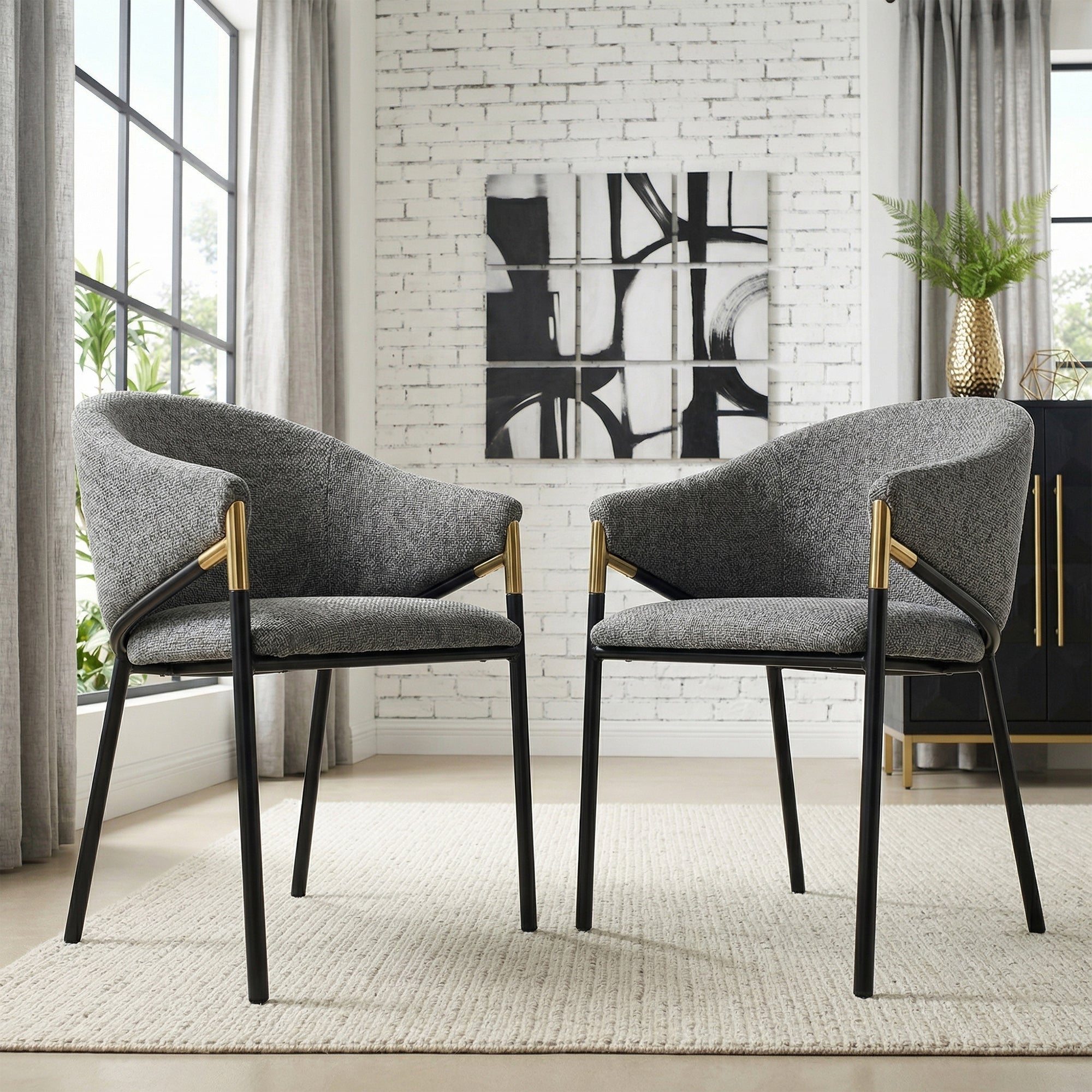 Set of 2 Modern Dining Chairs with Gold Stainless Steel Handrails, Grey Chenille Upholstery