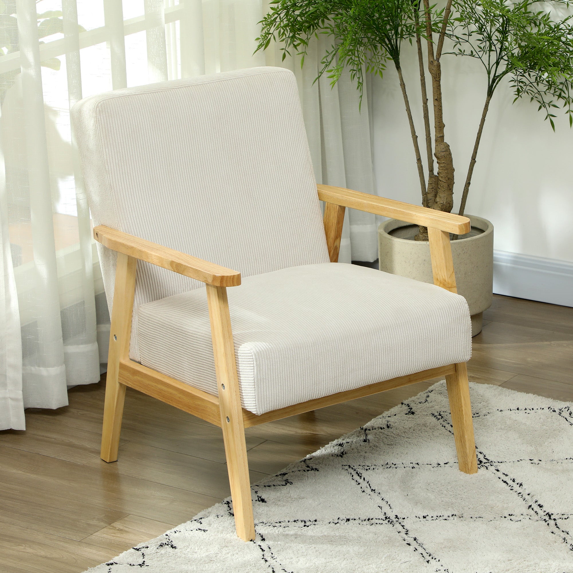 Armchair Lounge Chair, Wooden Legs, Upholstered, Cream White