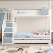 Bunk Bed for Children 90x200cm Double Bed Ladder Storage Drawers Rabbit/Carrot Motifs White + Blue