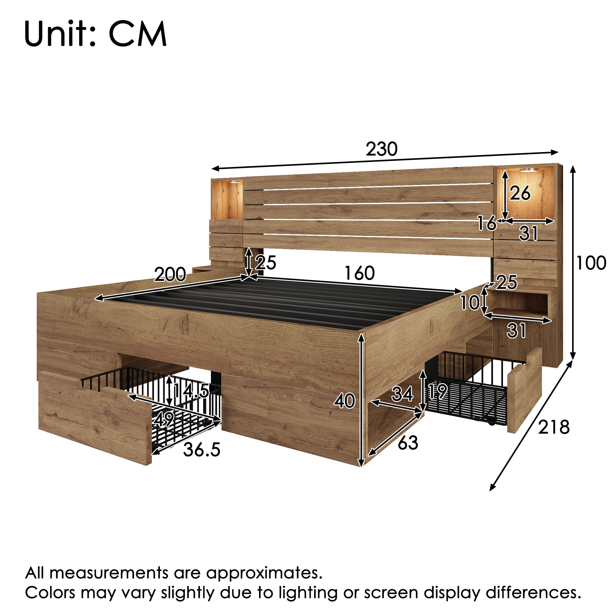 Wooden Double Bed with LED, USB Type-C, Floating Bedside Tables and Storage, 160x200cm, Oak Look