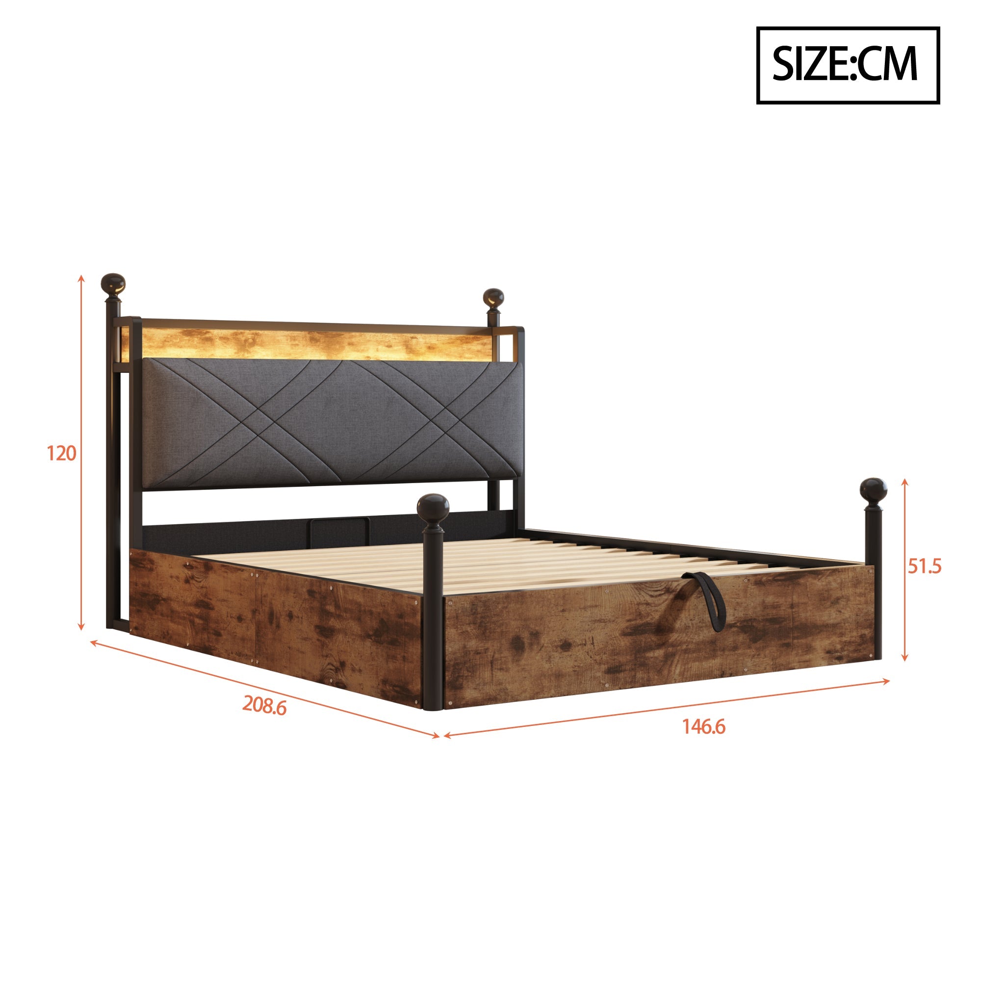 Wrought Iron Double Bed, Hydraulic Storage Canopy LED USB, Black