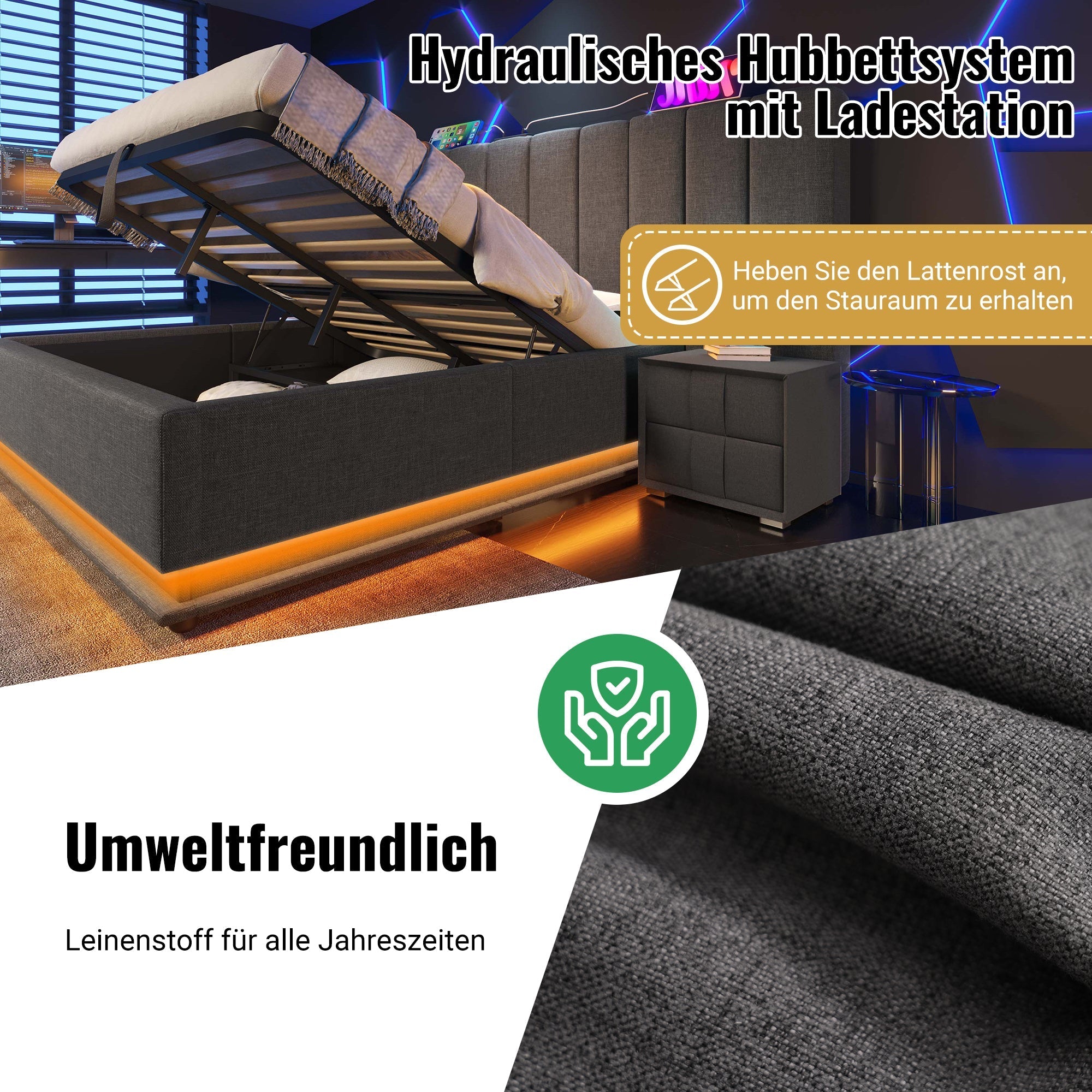 Upholstered Bed 160×200, Double Storage with App Control LED & USB-C, Linen Grey