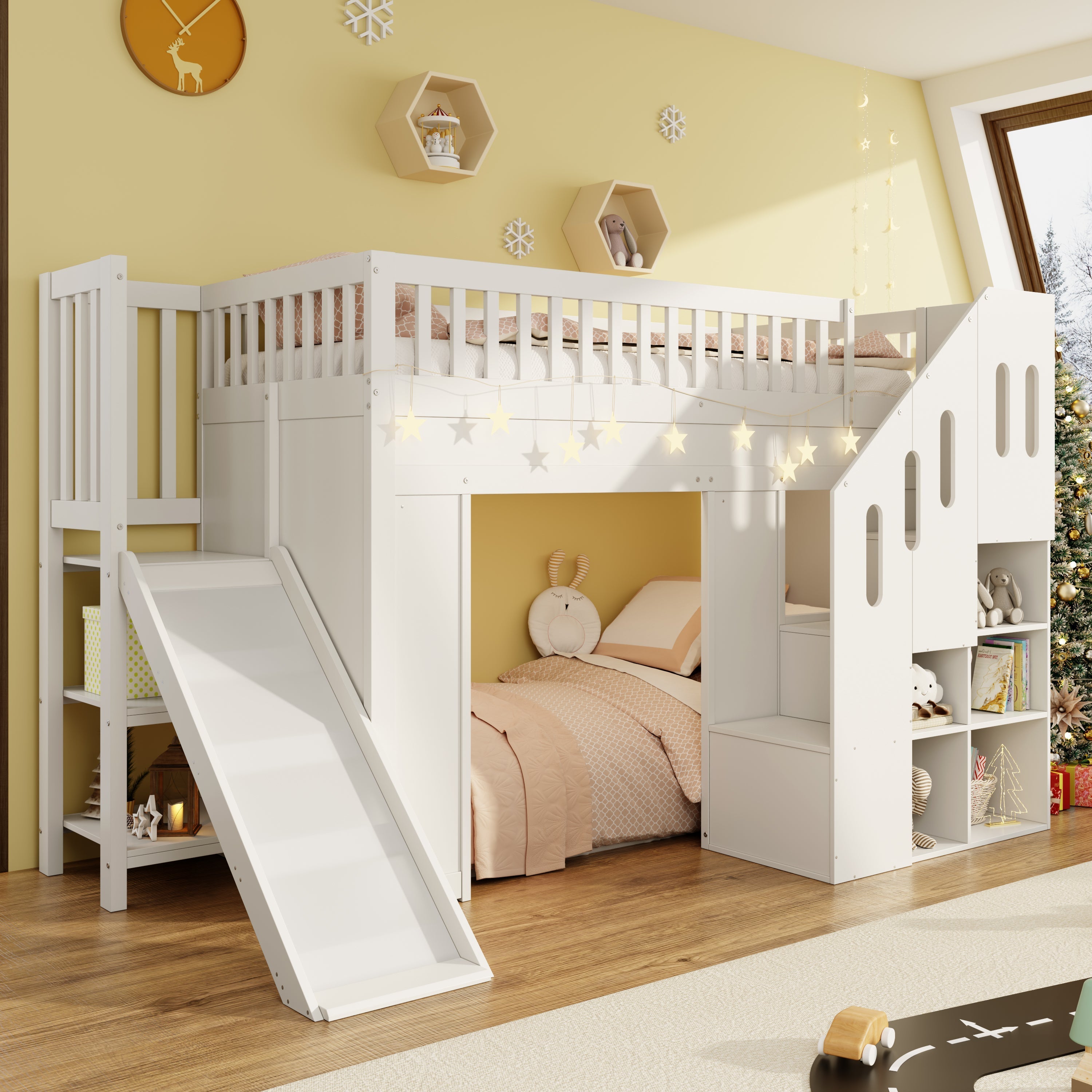 Bunk Bed with Slide, Storage Stairs and LED Light Strip, White Solid Wood