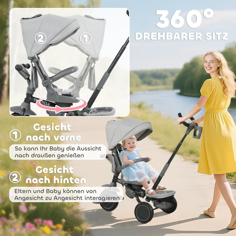 Children's Tricycle, 6-in-1 Buggy for Toddlers with Adjustable Seat and Foldable Design, Grey