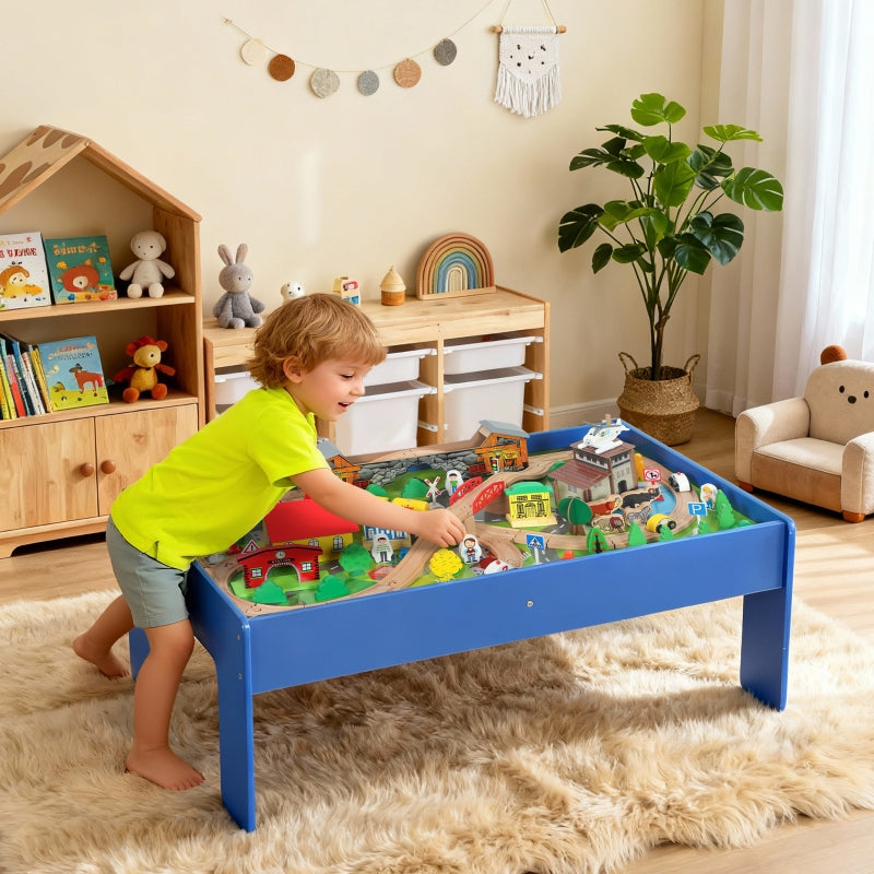Play Table 108-Piece Wooden Train Set Removable Tabletop - Blue