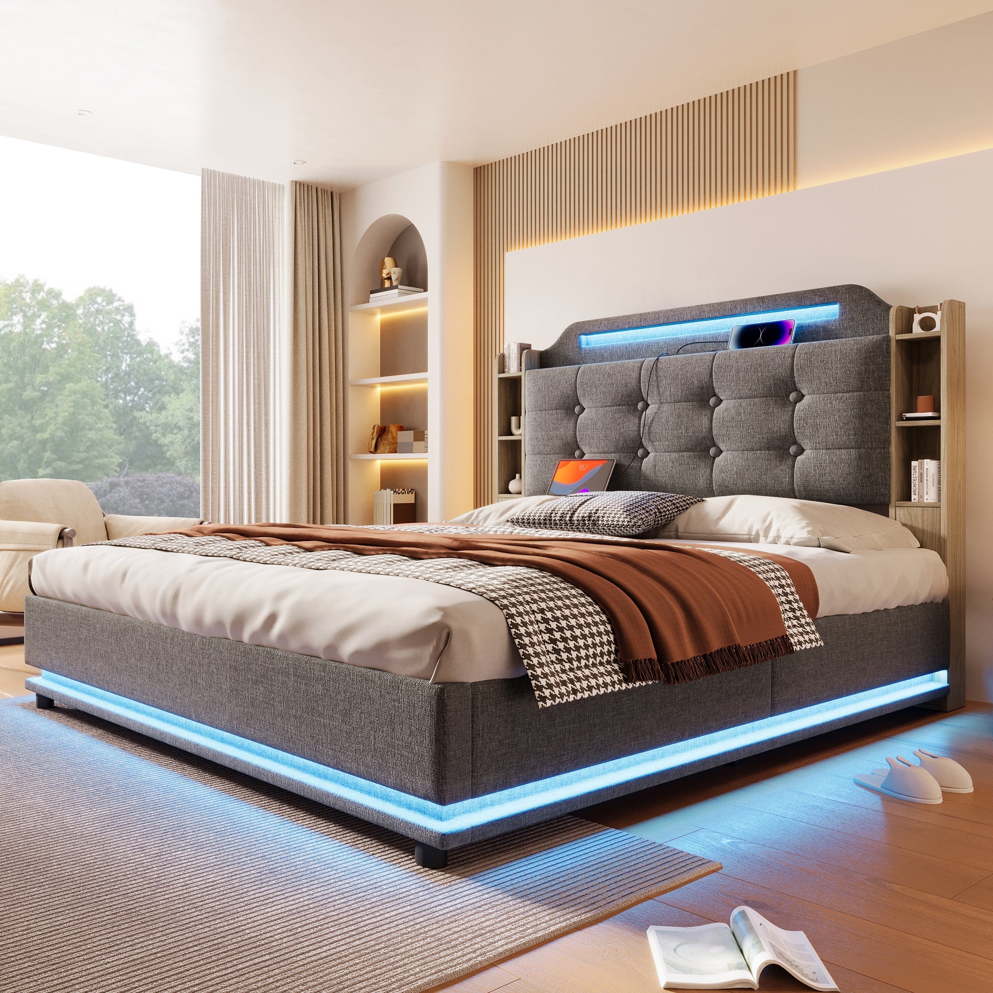 Upholstered Bed 140x200cm, LED Light Strip, Hydraulic Storage, USB + Type-C, Grey Linen