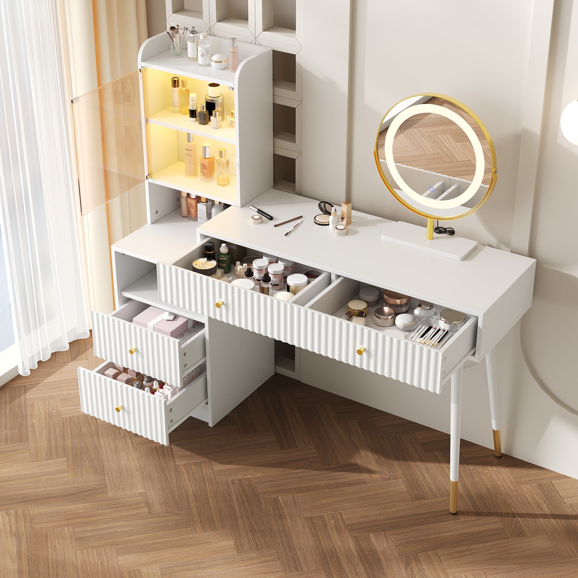 Dressing Table Set Tri-Color LED Mirror 4 Drawers Illuminated Cabinet White