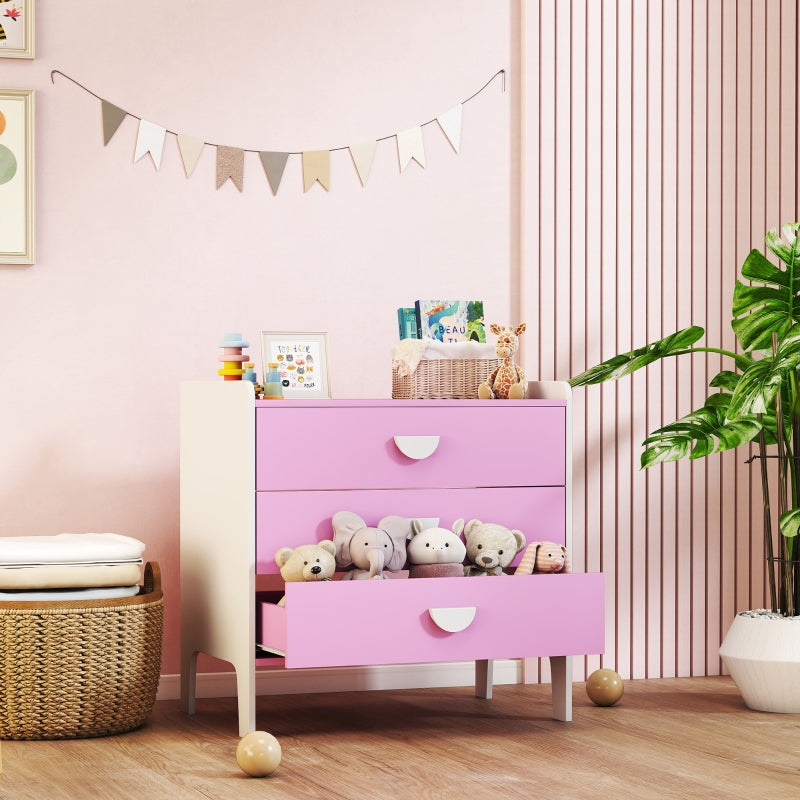 Children's Chest of Drawers, 3-Drawer Storage Cabinet, Pink+White MDF