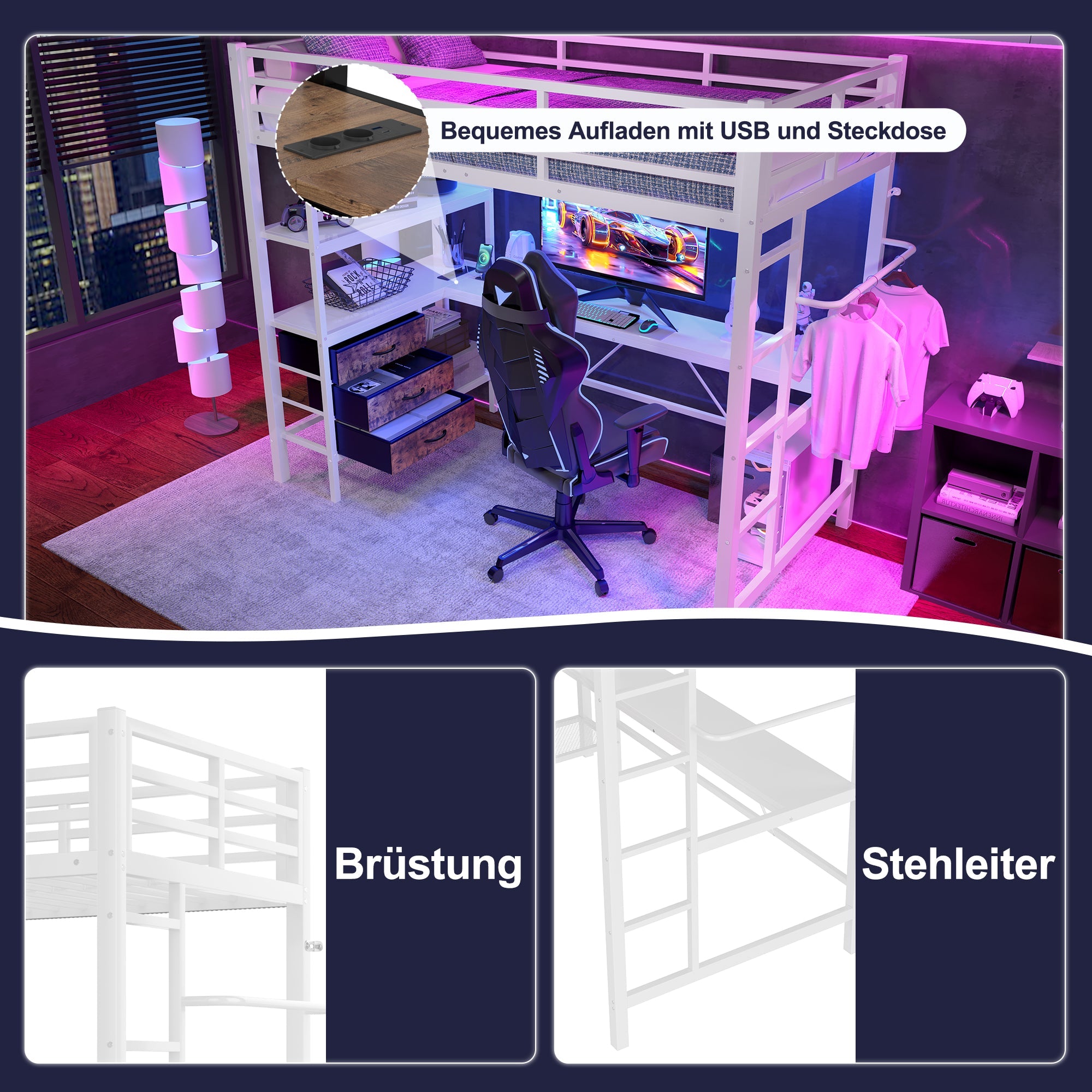 Loft Bed 90x200cm with Desk, LED Lights & Storage Drawers, White