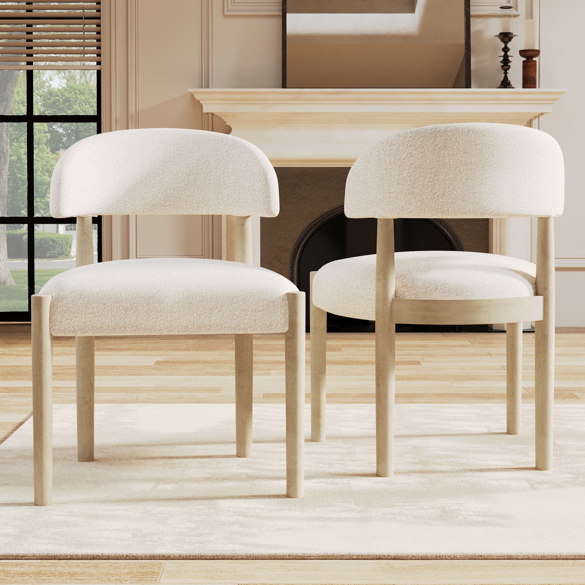 Solid Wood Dining Chairs Set of 2 Modern Bouclé Natural