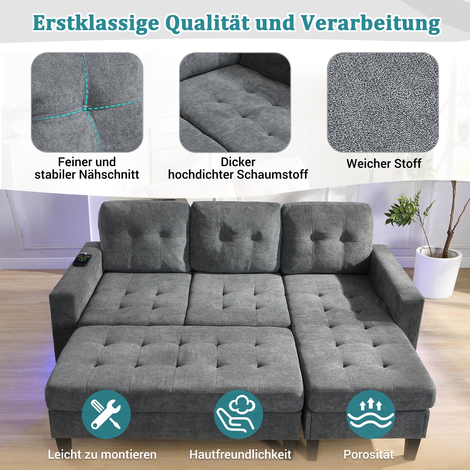 L-Shaped Sofa Set, Multifunctional with Movable Footstool & LED Lighting, Modern Modular
