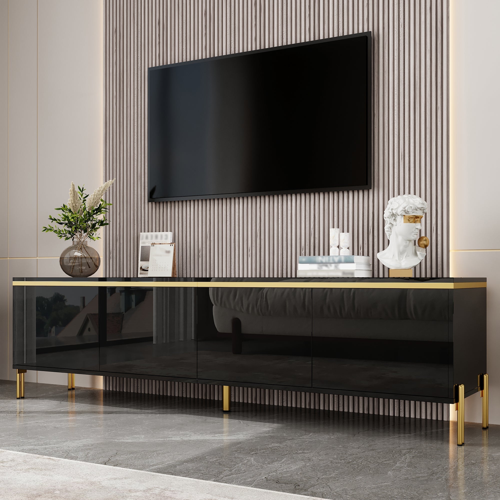TV Stand Modern High-Gloss Storage 4 Doors Gold Trim