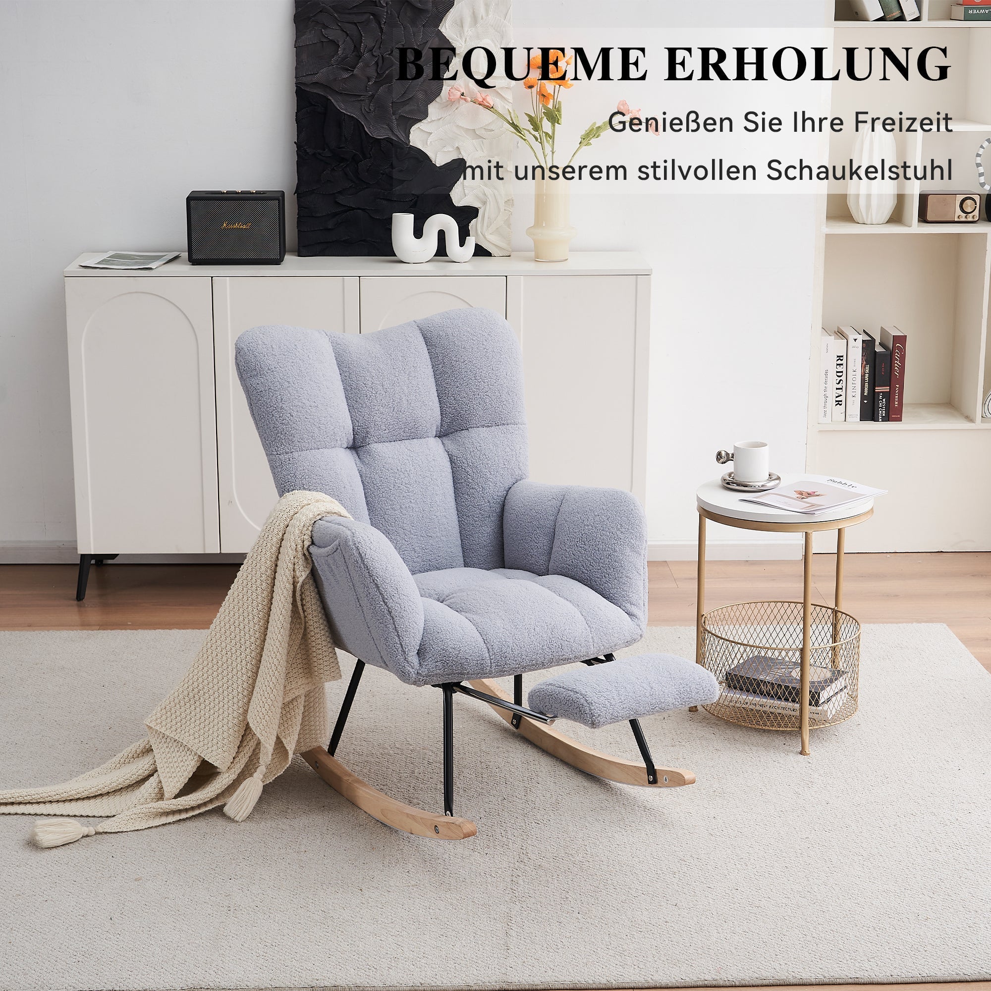 009B Rocking Chair Modern Extendable Footrest, Teddy Fabric Grey
