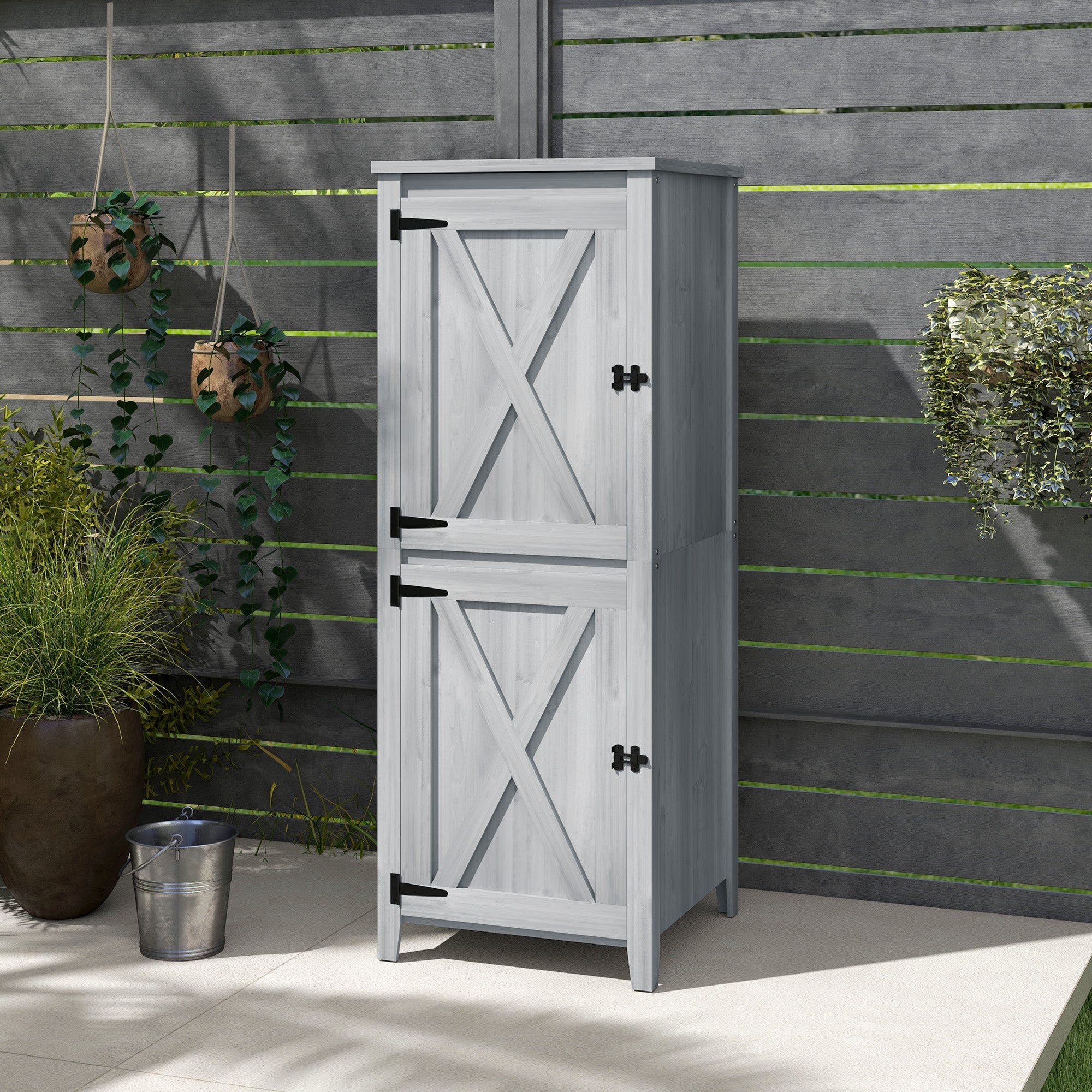 Wooden Garden Shed, Weatherproof Double Door 60x60x160cm Lockable Storage, Light Grey