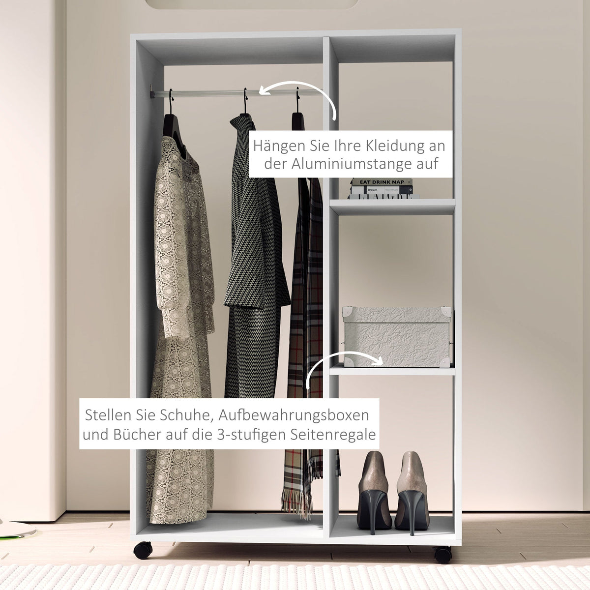 Wardrobe on Wheels, 1 Clothes Rail 3 Shelves Mobile Clothes Rack 80x40x128 cm, White