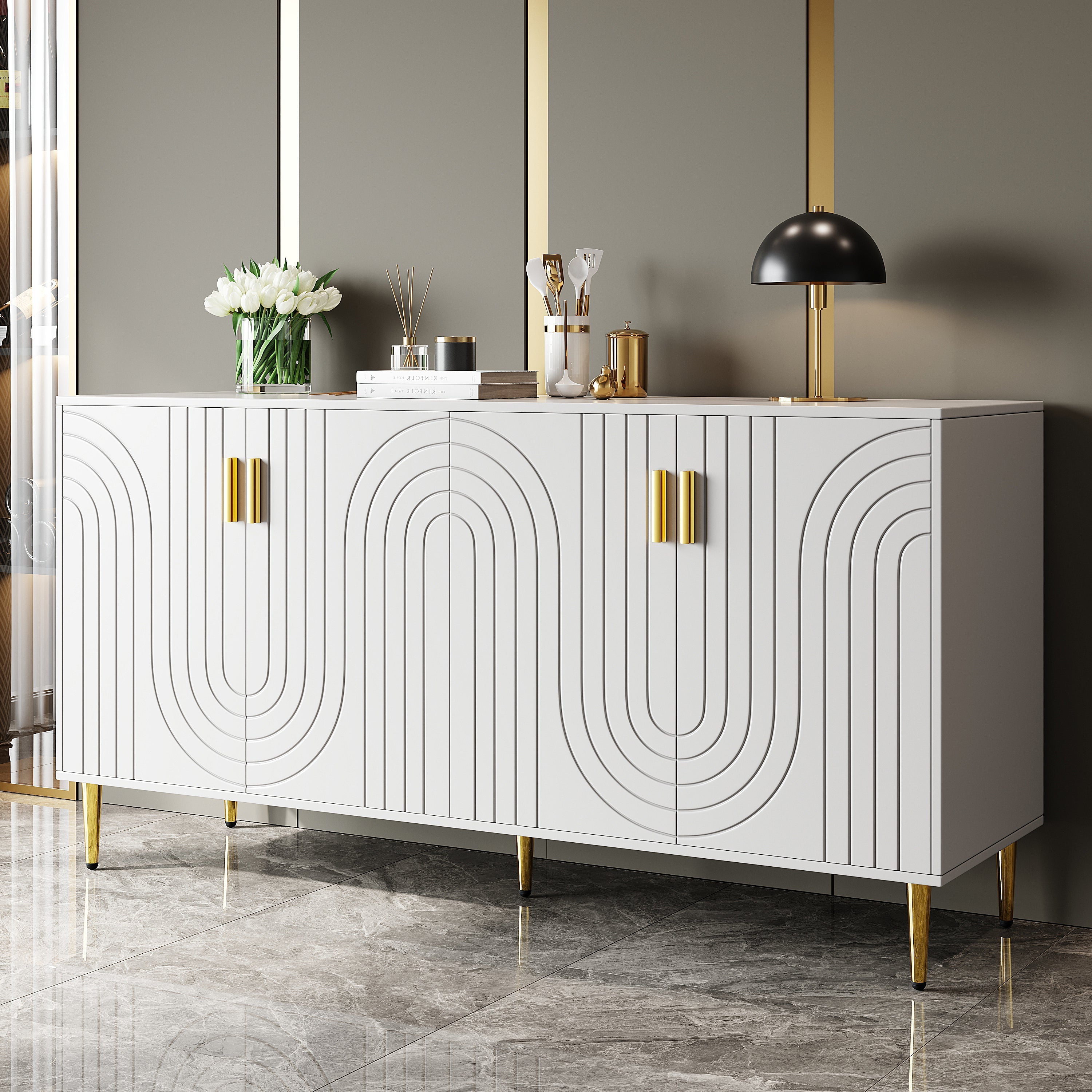 Sideboard, Wave Design with Gold Handles & Feet, White