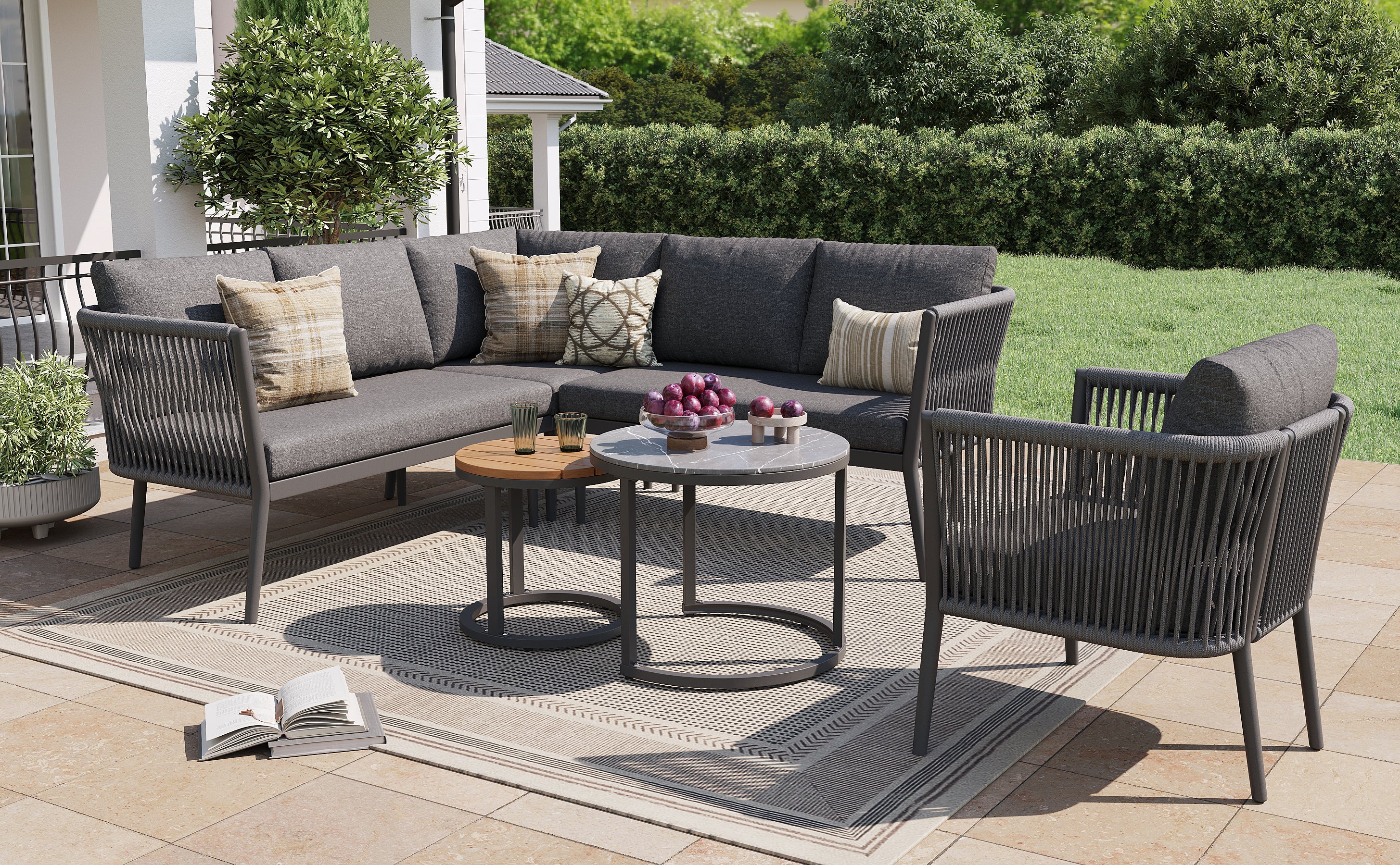 Garden Lounge Set for 5-6 People, 6-Piece Modular Corner Outdoor Sofa with Cushions, PE Rattan Grey