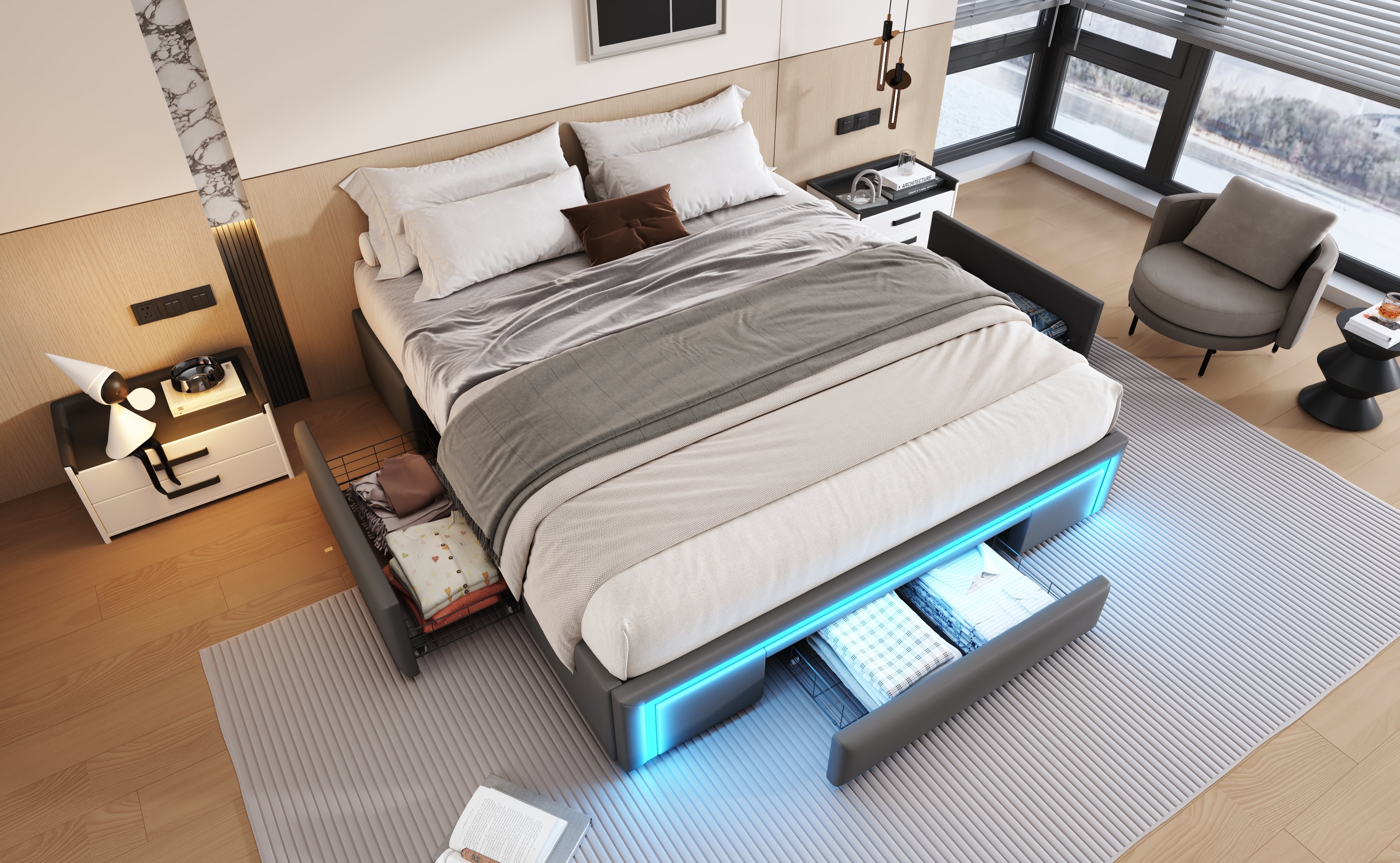 Bed Frame 160x200 with Drawers, LED Light Bar, Metal Slatted Platform, PU Leather Gray