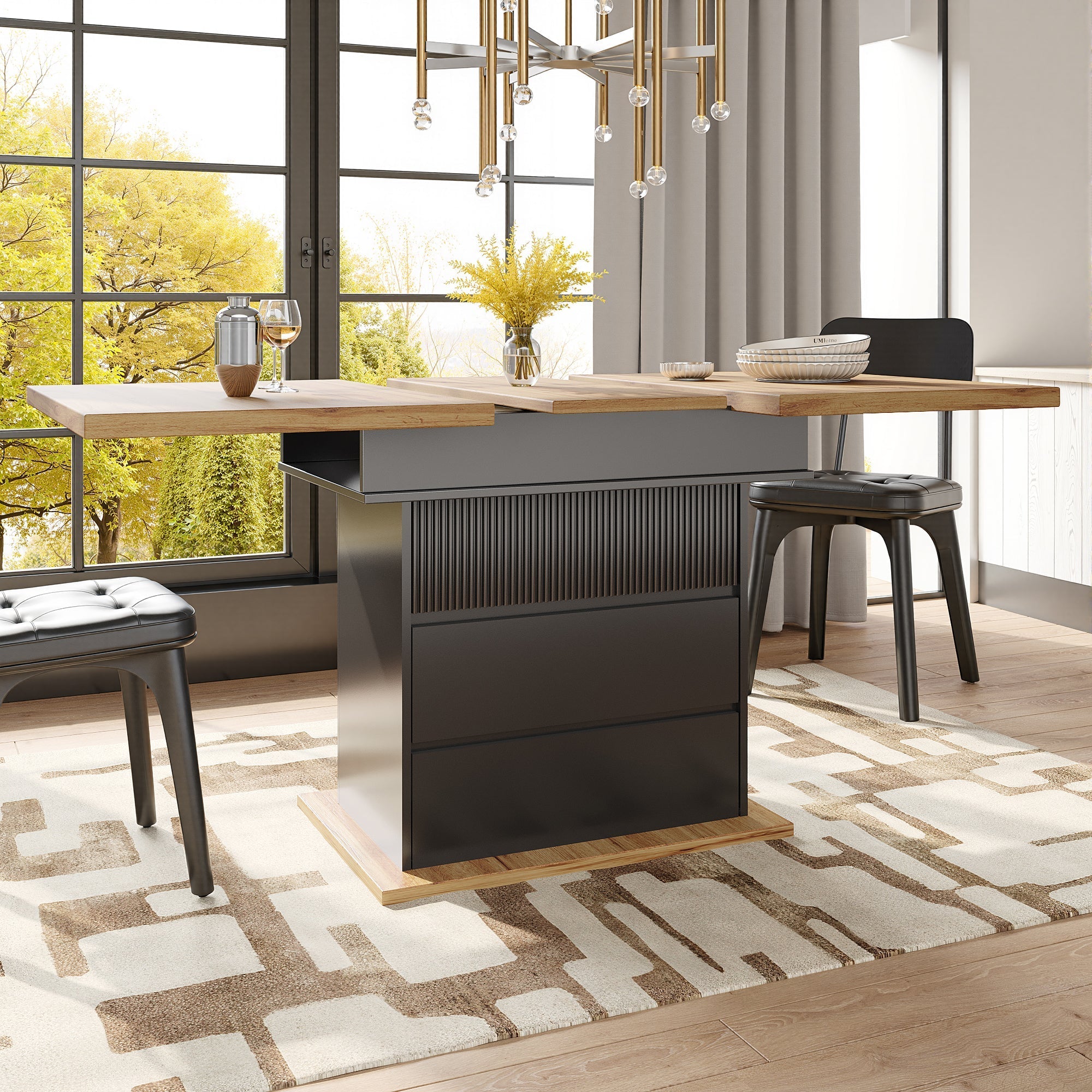 Telescopic Dining Table, Extendable with Storage Shelves for 4-6 People, Black