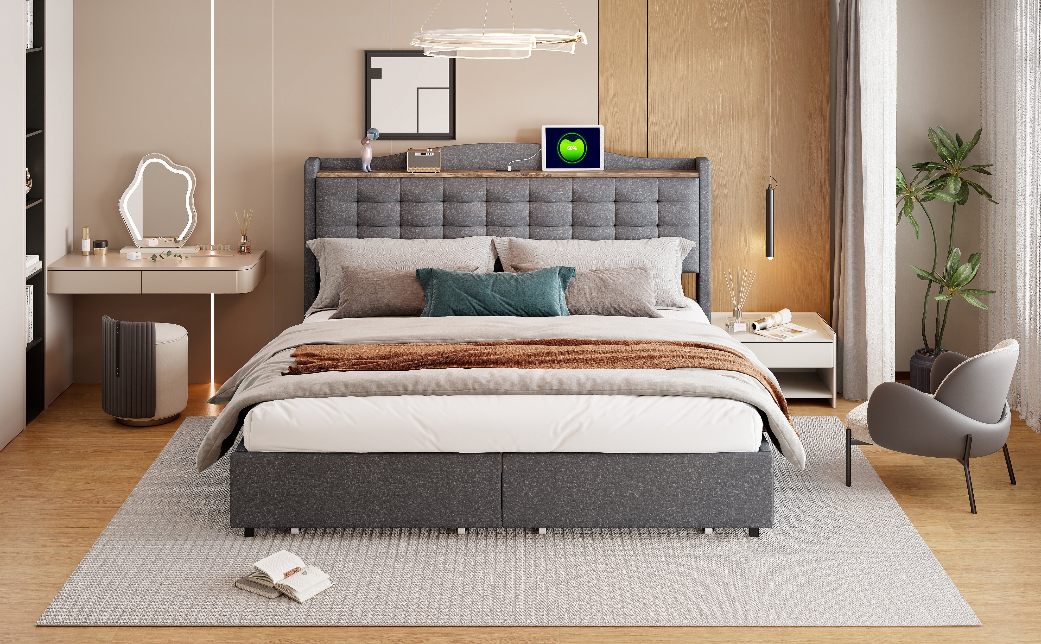 Upholstered Bed 160*200 cm, with USB Charging Bedside Table and 4 Drawers, Gray Linen Fabric