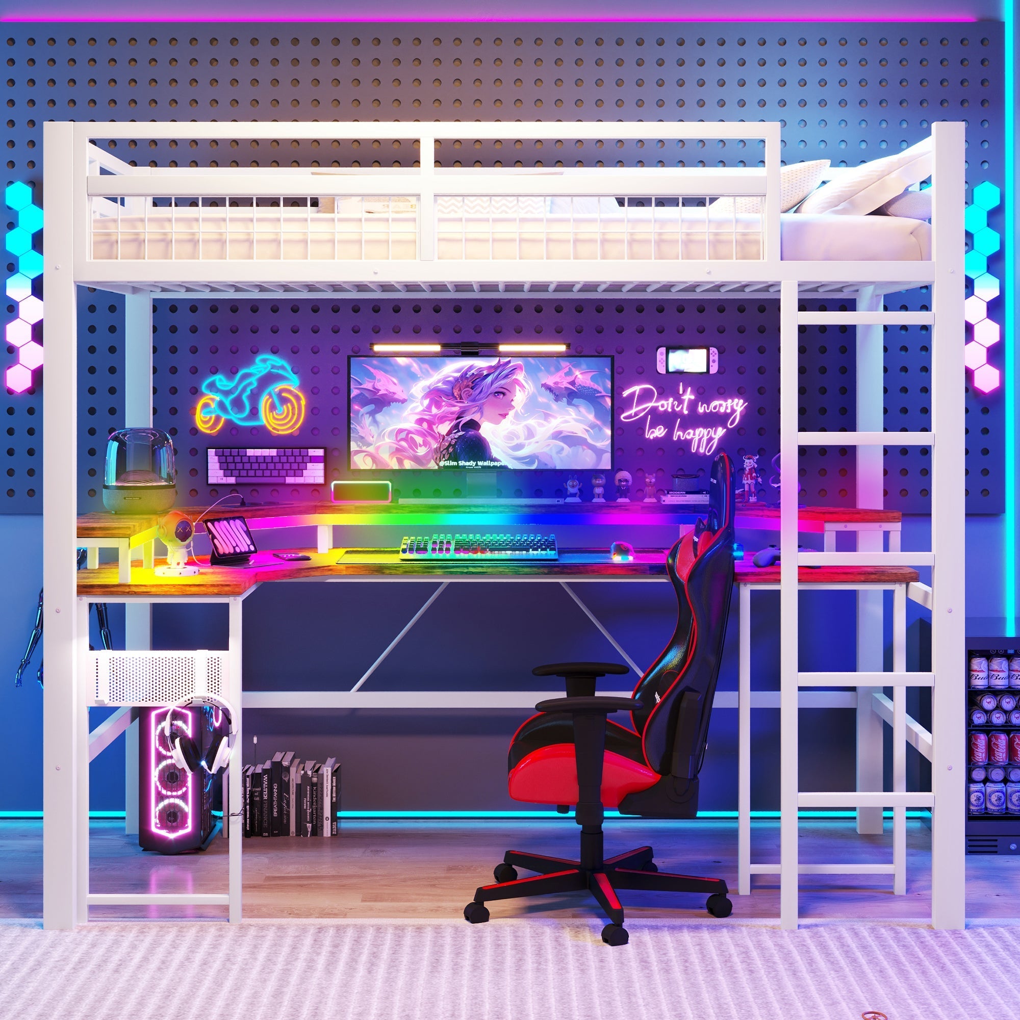 Loft Bed with Desk and LED Lights, USB Ports and Pegboard, White Iron Frame