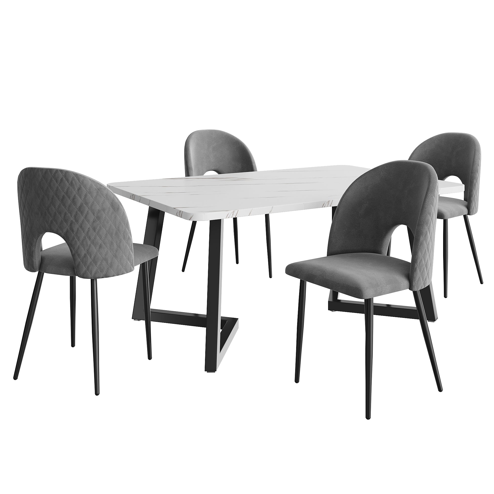 Dining Set (117x68cm Table & 4 Chairs), Rectangular Modern Kitchen Table, Velvet Diamond Pattern Chairs, Grey Velvet/Black Legs
