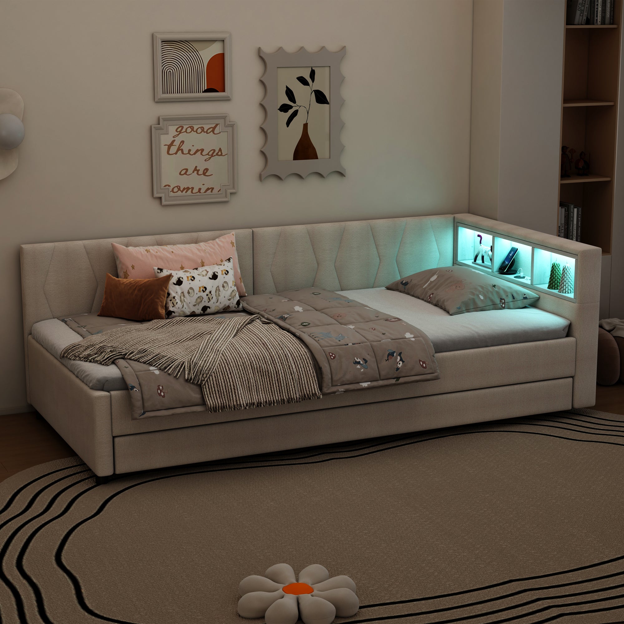 Daybed Sofa Bed 90x200cm Pull-out Bed Storage LED USB/Type-C - Linen Beige