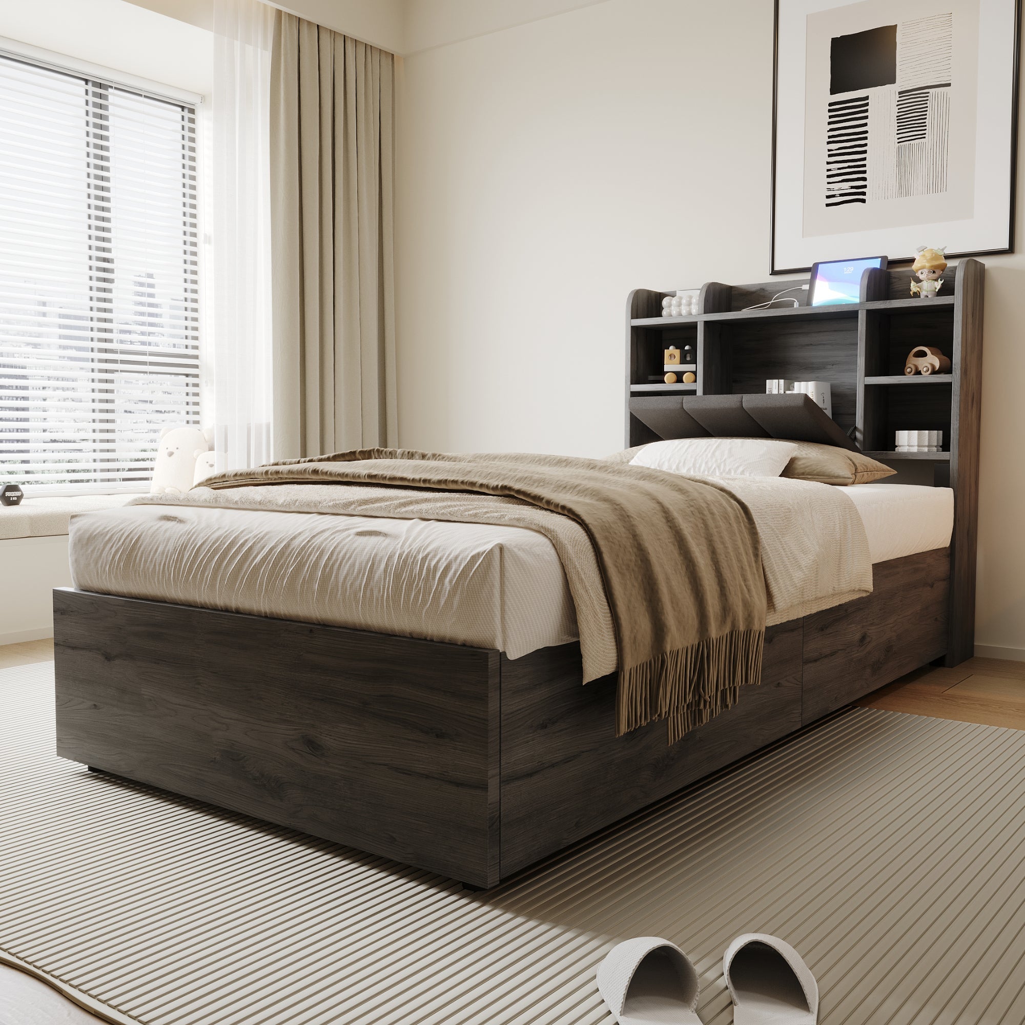 Wooden Bed, 90x200 cm Hydraulic with Storage & USB/Type-C, Grey