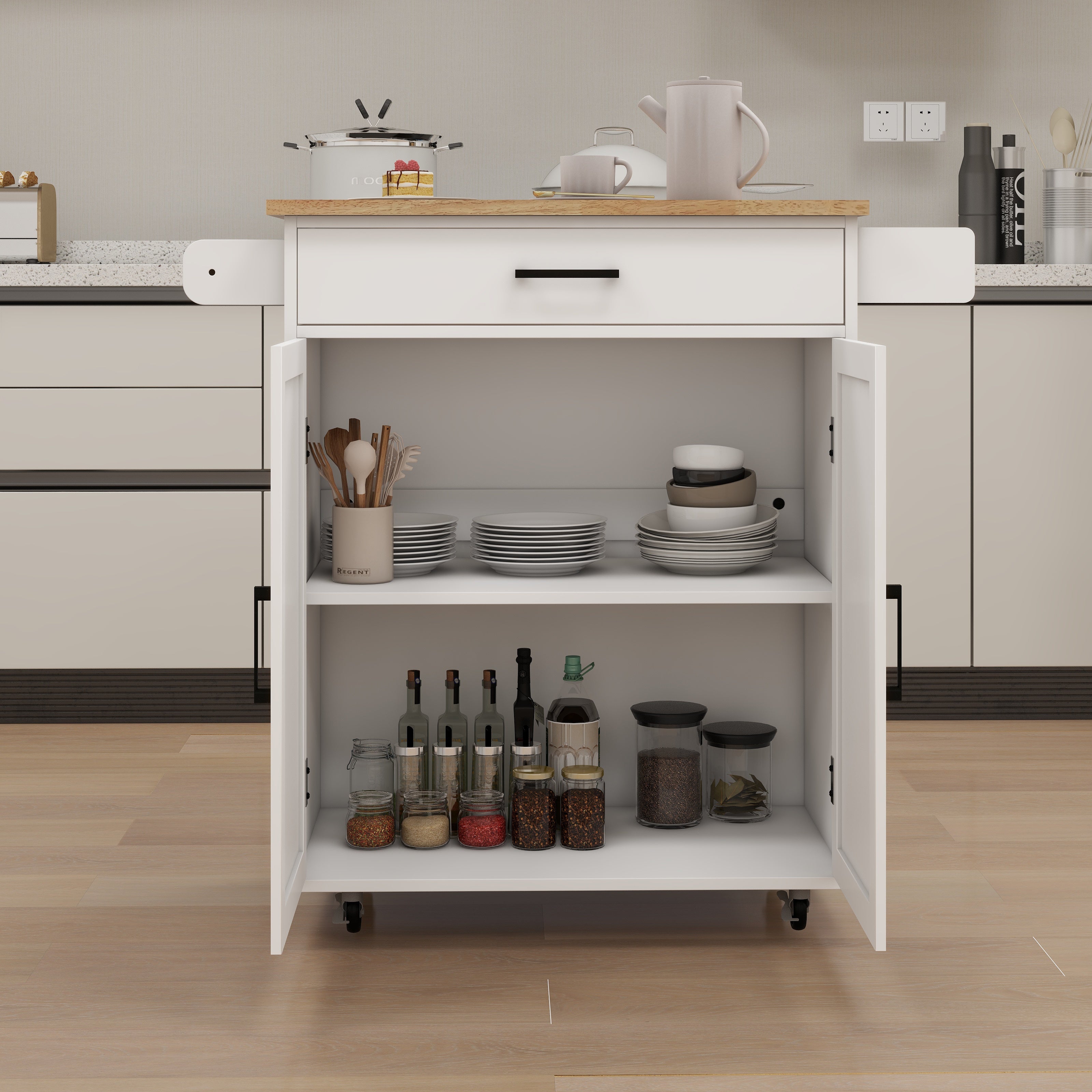 Kitchen Island Trolley Cart with Adjustable Shelves, Towel/Seasoning Racks - Rubber Wood, White